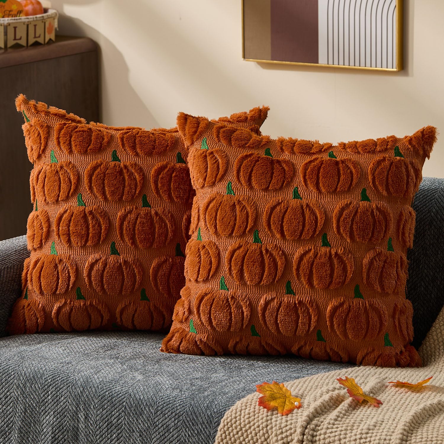 DFXSZ Fall Pillow Covers 18x18 Set of 2 Fall Decorations Rust Green Pumpkin Throw Pillow Cases Soft Plush Faux Fur Wool Couch Cushion Case for Chair Sofa Bedroom Living Room Home Decor PTK02J18