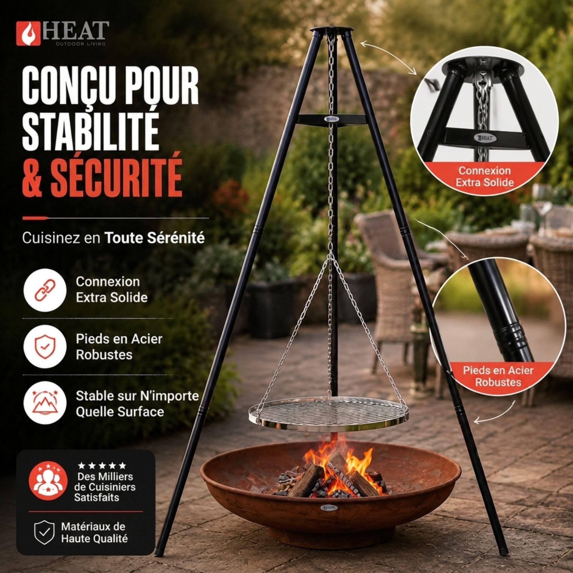 HEAT Trépied Barbecue Suspendu - Barbecue Pivotant avec Grille Ø 65 cm