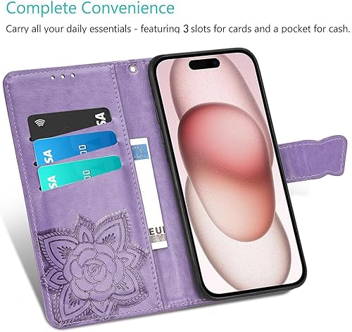 Miniatura 2 de DiGPlus Funda tipo cartera para iPhone 15 Pro Max, estampado de mariposas y flores Funda de cuero de primera calidad con ranuras para tarjetas,