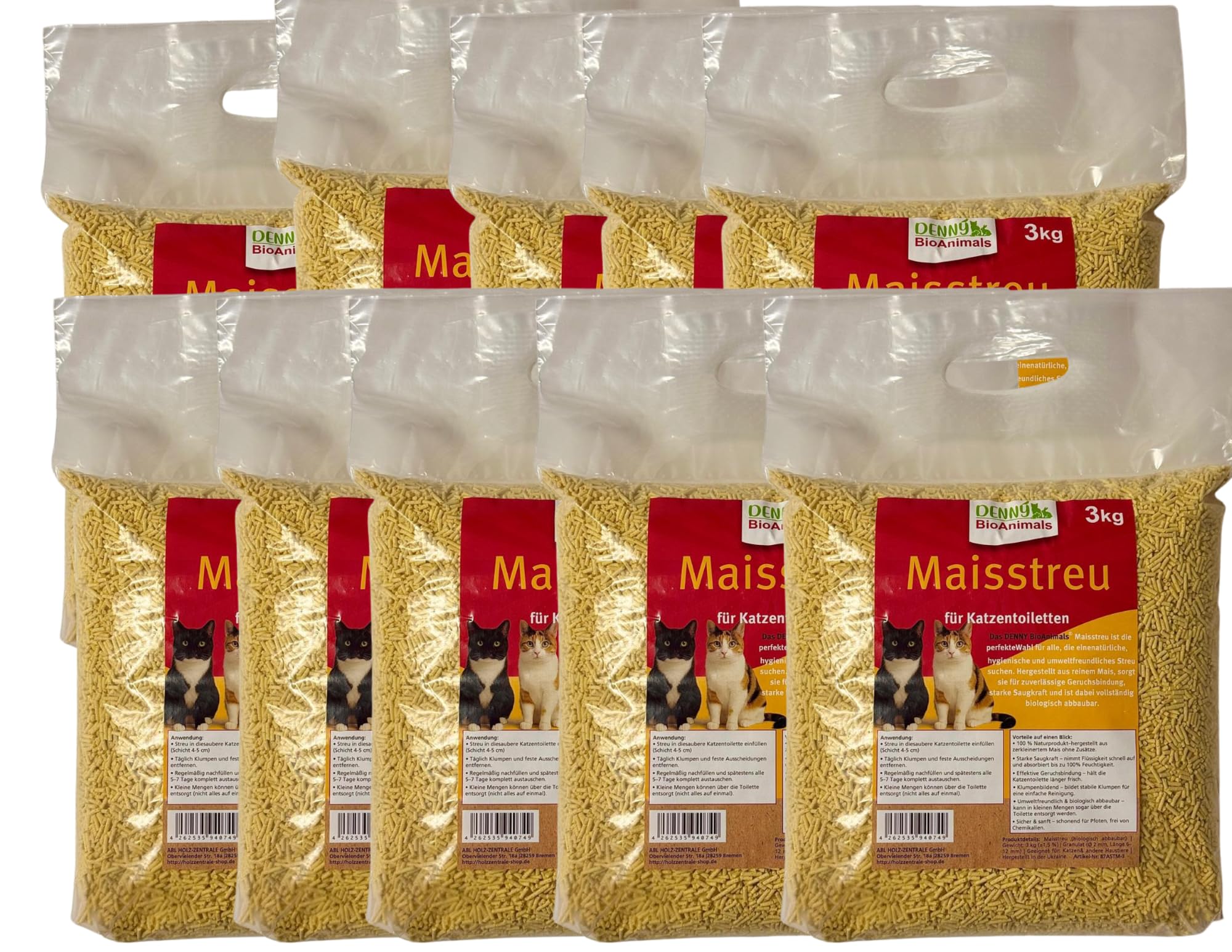 Maisstreu Katzenstreu 30 kg (10 Säcke je 3 kg), 80 L – 100% natürlich & biologisch abbaubar – klumpend, staubfrei & geruchsneutral – nachhaltige Katzenstreu aus Maisfasern. (30 kg)