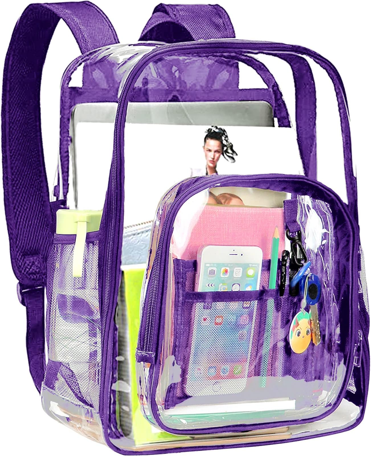 FEWOFJHeavy Duty Clear Backpack, Large PVC Plastic See Through School Bookbag Transparent Casual Daypacks for Men Women