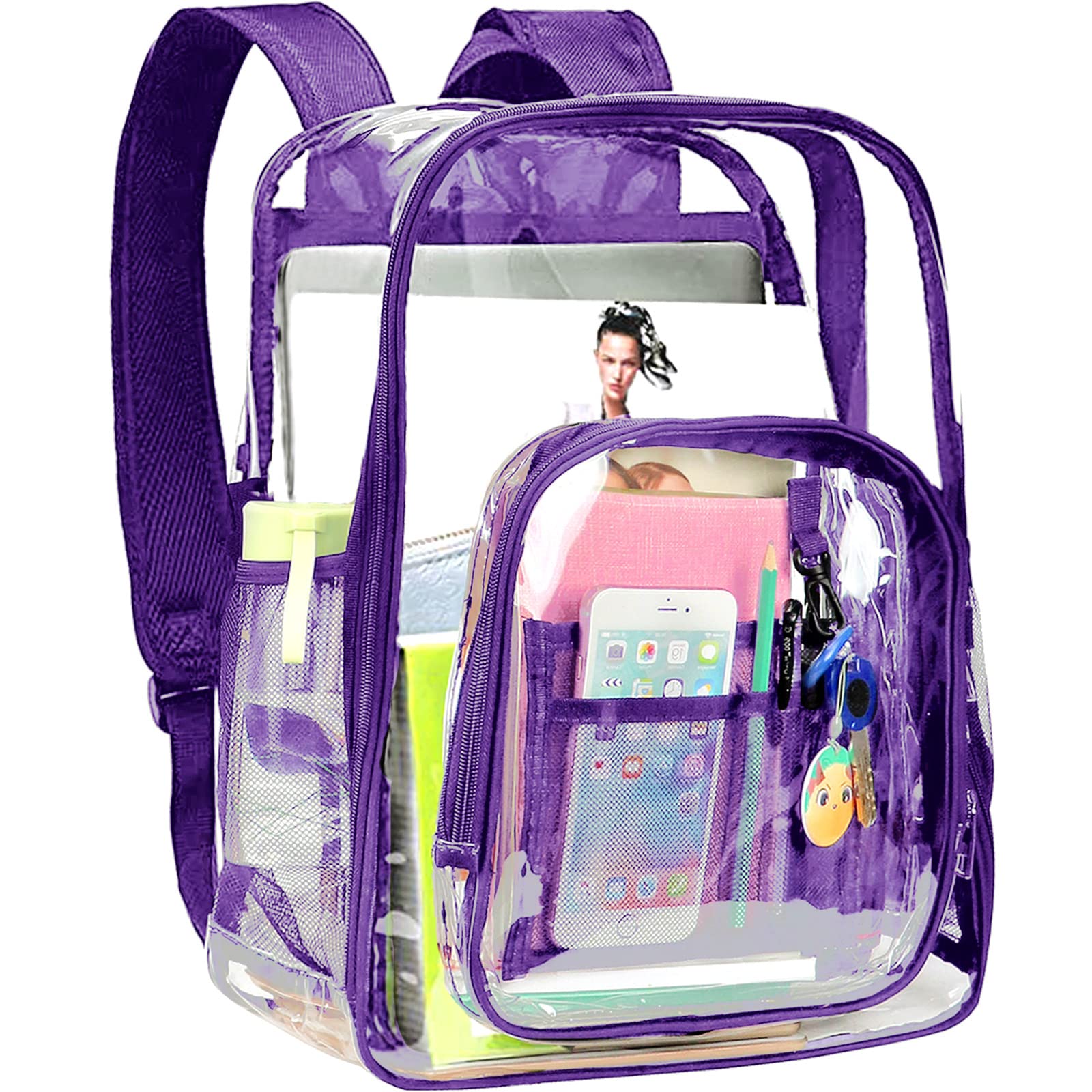 FEWOFJHeavy Duty Clear Backpack, Large PVC Plastic See Through School Bookbag Transparent Casual Daypacks for Men Women