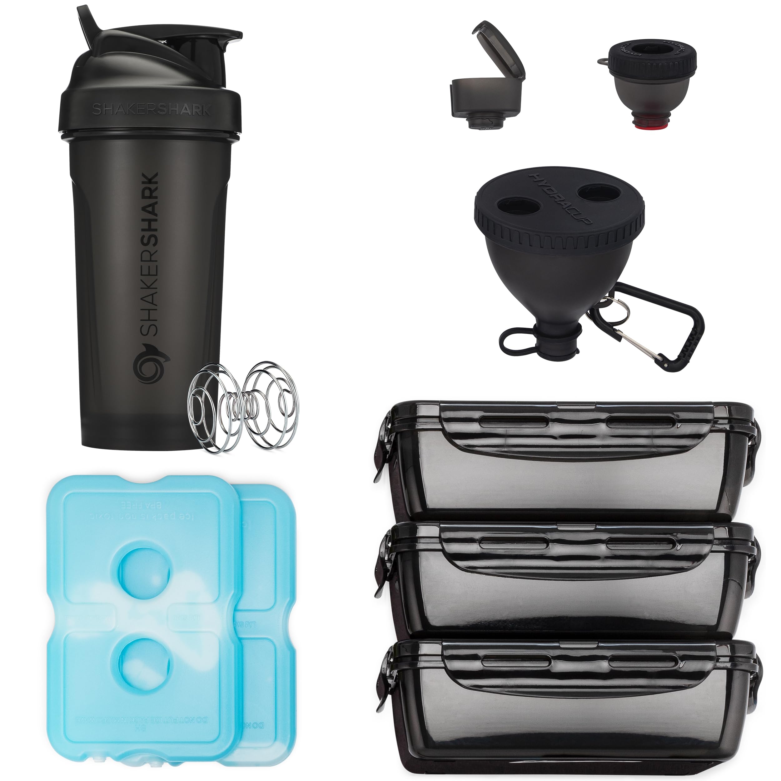 Hydra Cup 10-teilige isolierte Lunchbox mit Meal Prep Containern (schwarz) | Enthält 3 große 907.2 g Behälter, 793.8 g Shaker-Flasche, 2 Proteintrichter, Pillendose, 2 Kühlakkus, Gepäckgurt