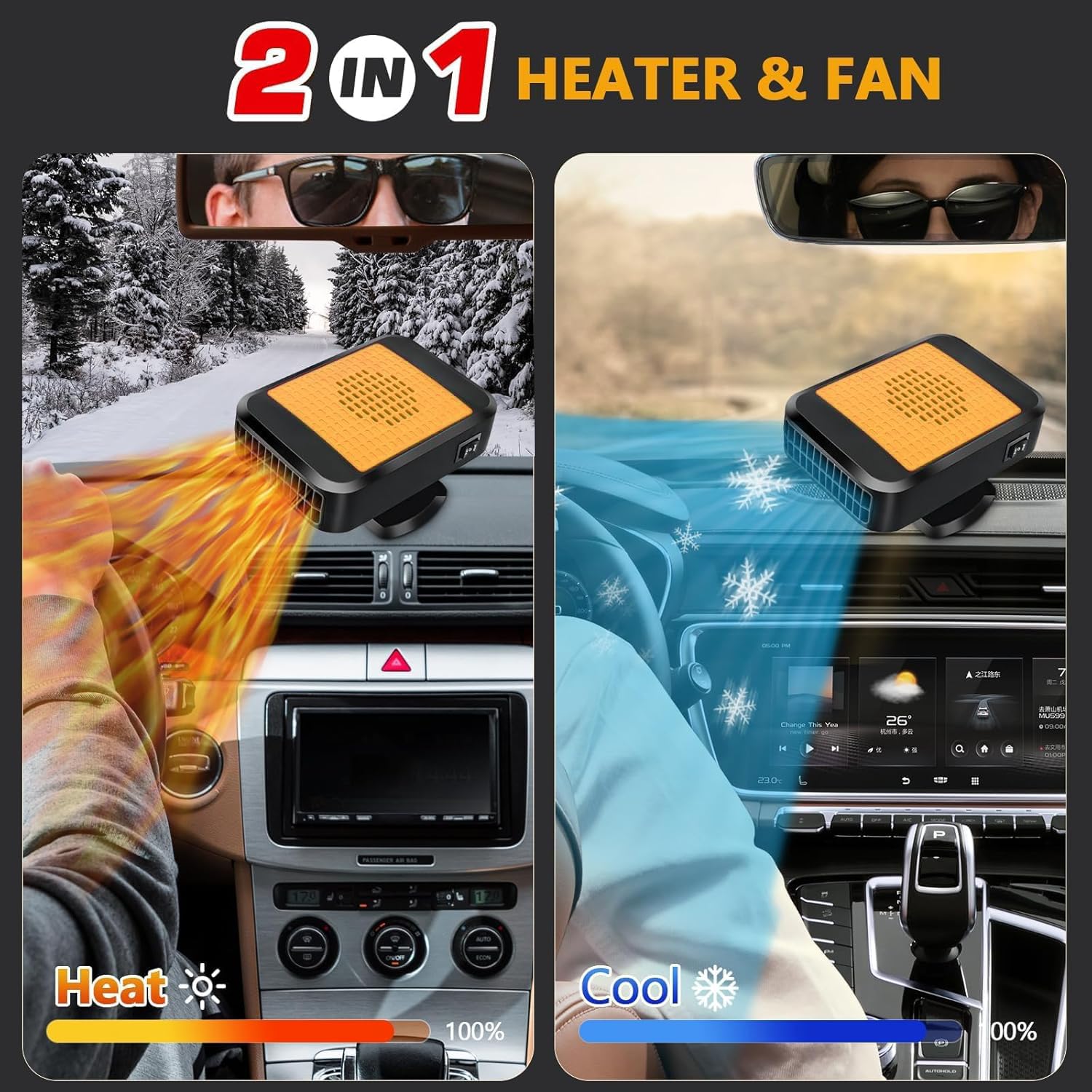 Calentador para Coche, portátil Calentador para Coche de 12V y 200W, Calentador para Coche 2 en 1 de enfriamiento y Calentamiento rápido con Base giratoria de 360°