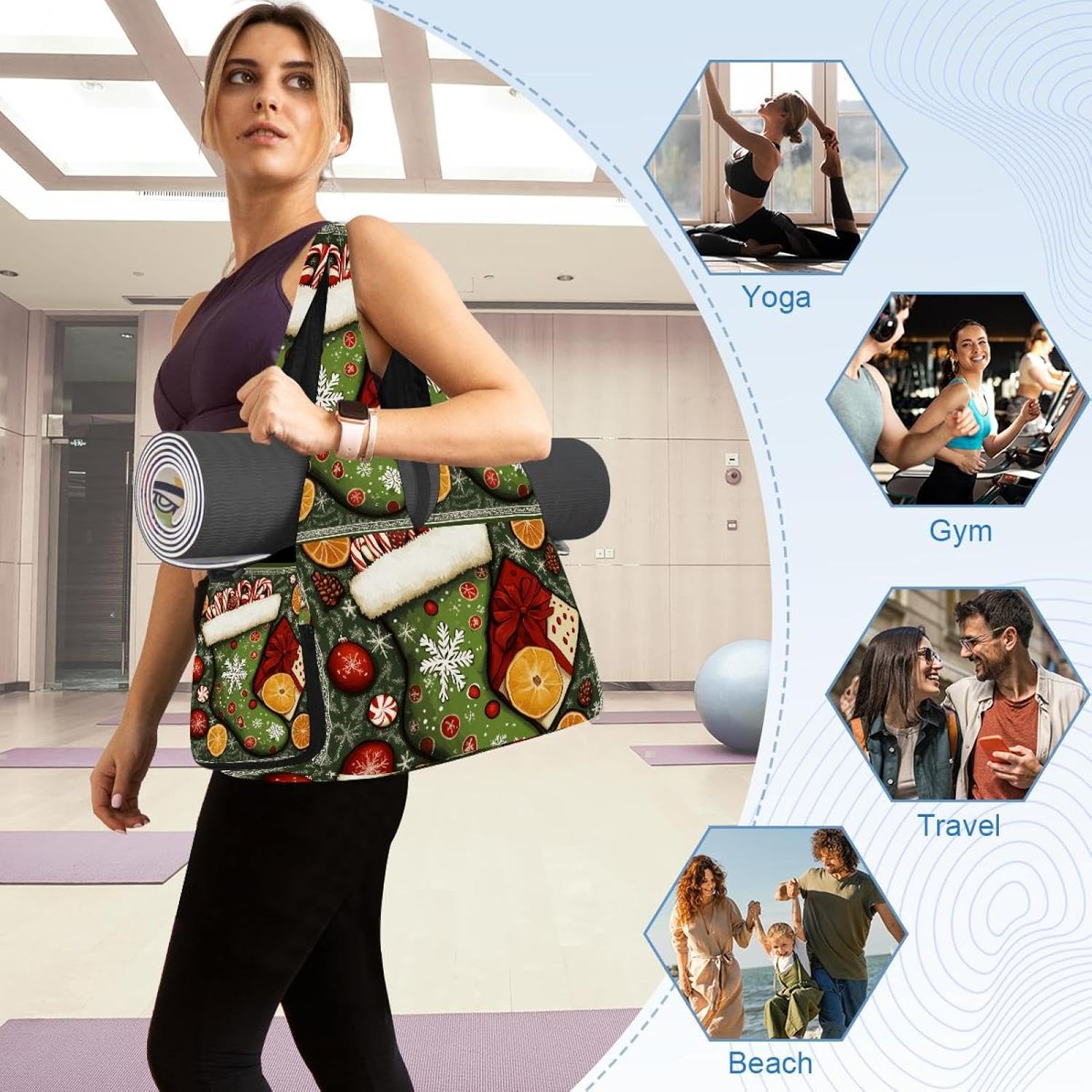 Gym Bag for Women, Christmas Sock Candy Yoga Mat Bag with Shoe Compartment, Sport Yoga Gym Bag with Yoga Strap, Carryall Yoga Tote Bag