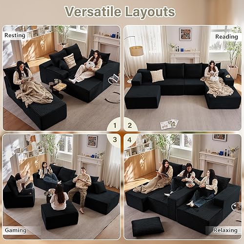 Miniatura 3 de Sofá Nube en Forma de U de 135", Sofá Seccional Modular Moderno Cómodo en Forma de L con Otomana, Asiento Profundo, Chaise Longue Reclinable Negro