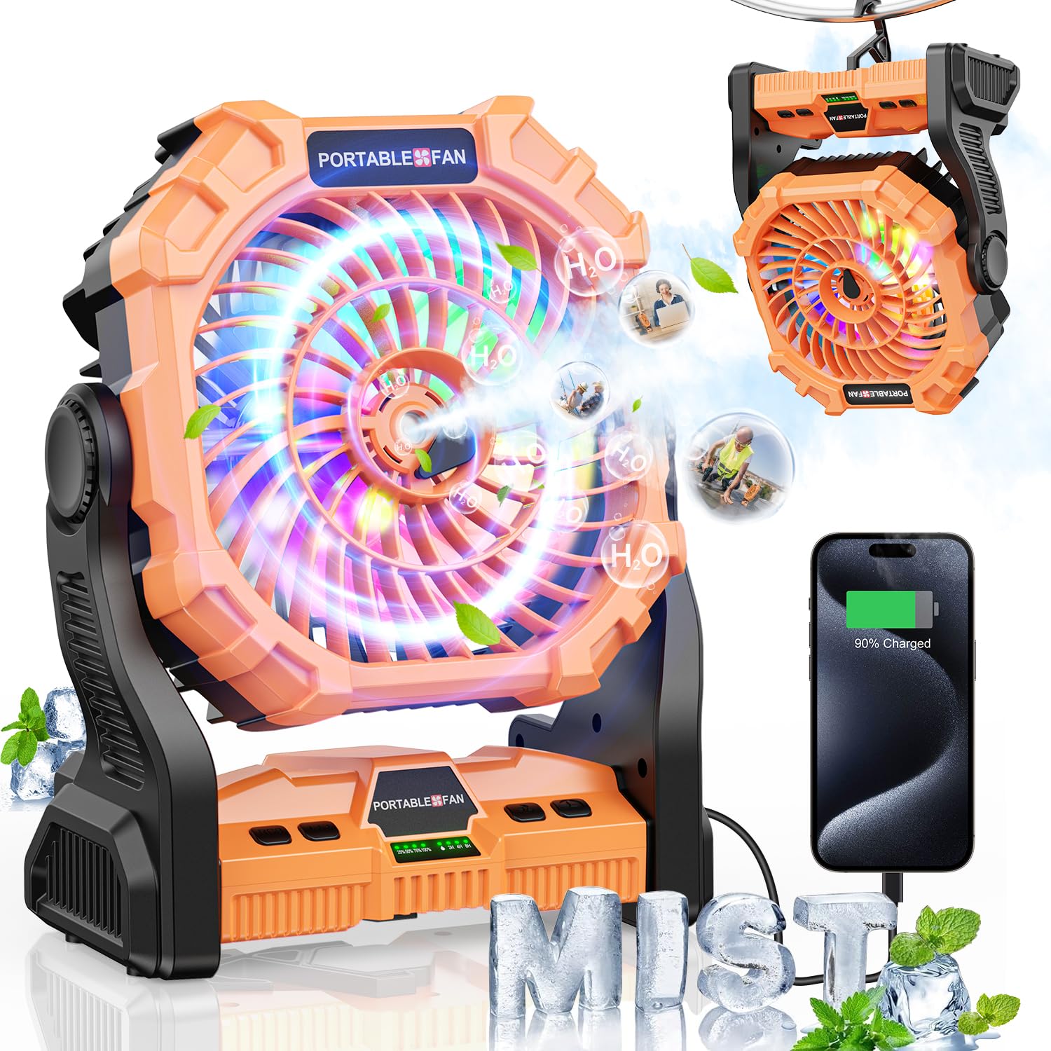 Ventilateur brumisateur portable camping 12000mAh avec minuterie et crochet