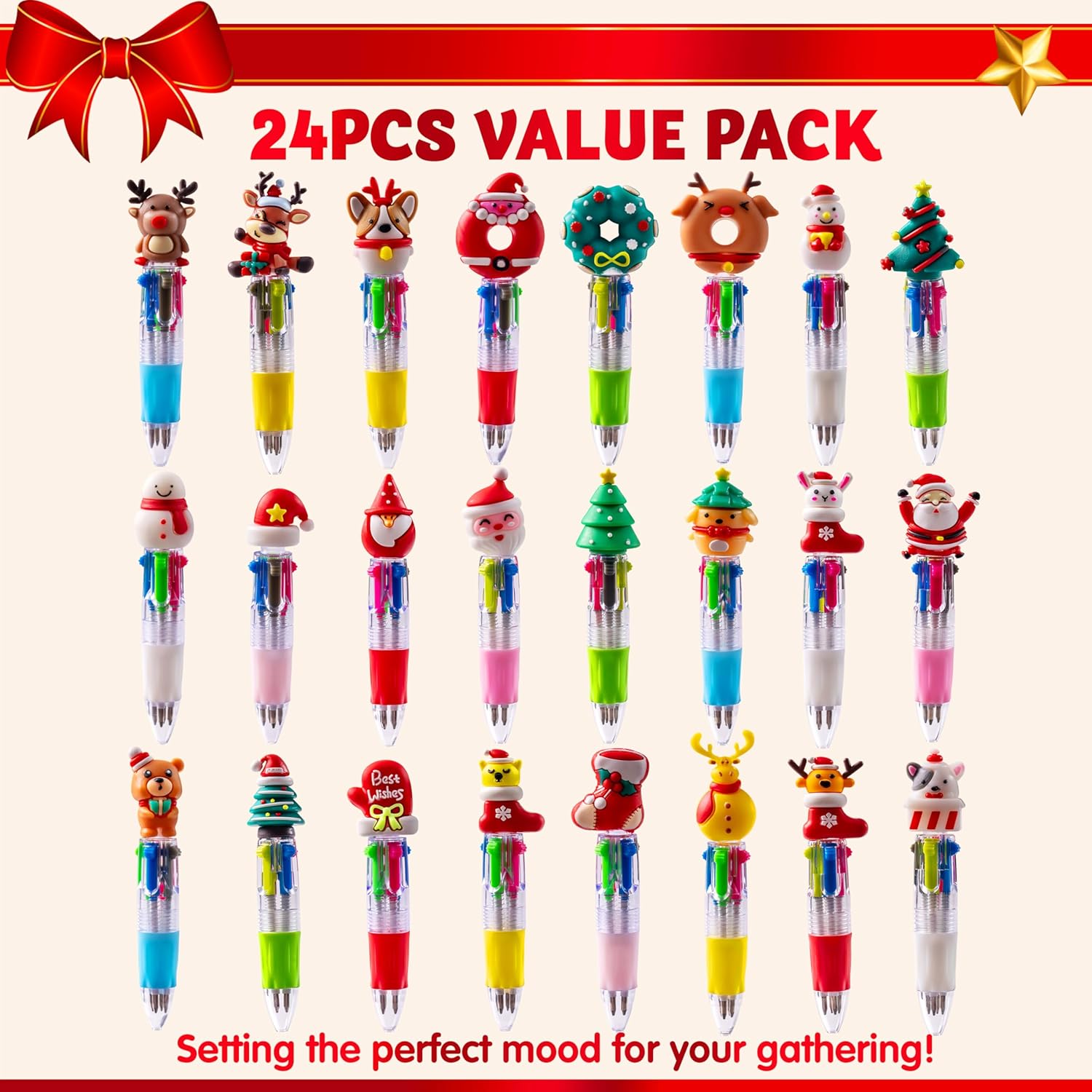 JOYIN 24 PCS Christmas Multicolor Pens Bulk For Kids, 4 Colors in 1 Ballpoint Pen for Xmas Party Favors, Christmas Stocking Stuffers For Students Teacher Classroom Prize Gifts, Goodie Bag Fillers