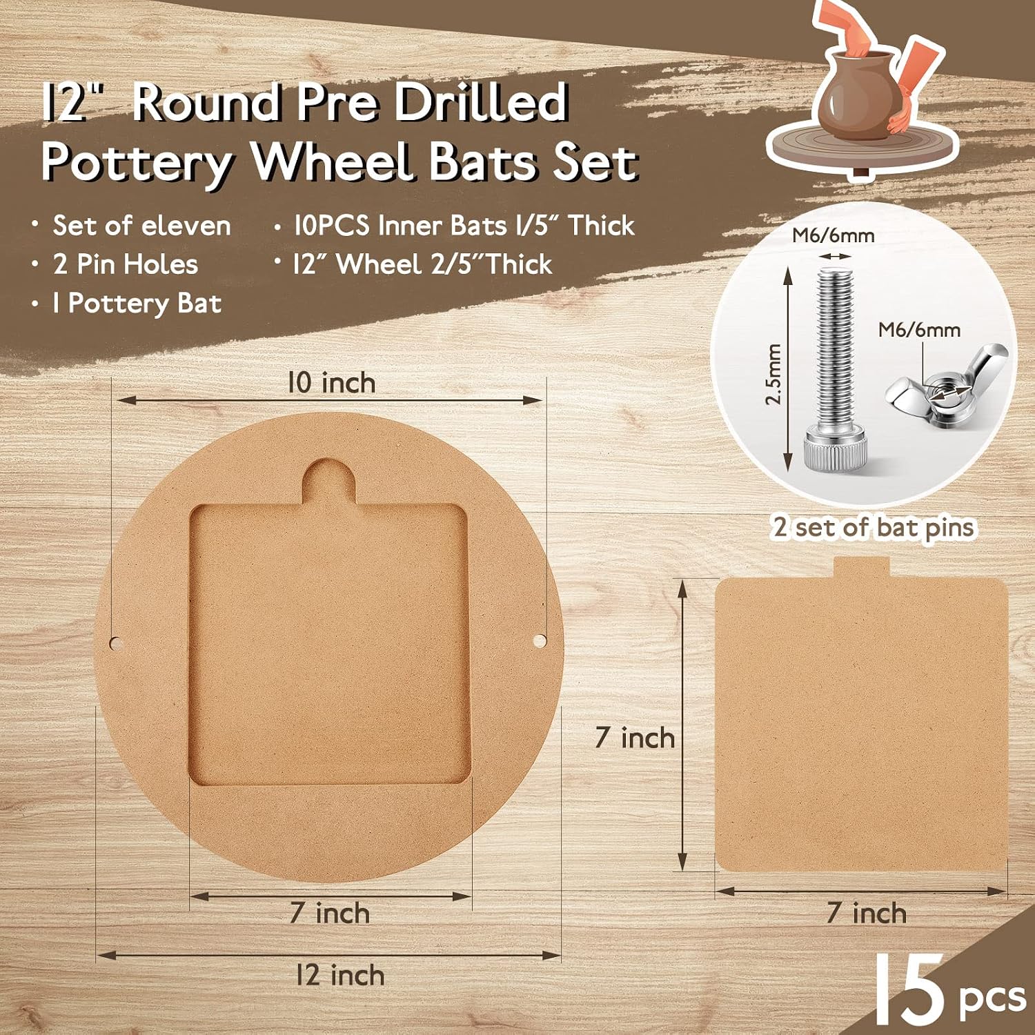 15 Pcs Bat for Pottery Wheel Adapter with Removable Inserts Pottery Bats for Throwing with 12'' Round Outer and 7'' Square Inner with Pins for Potters Clay(Light Brown)