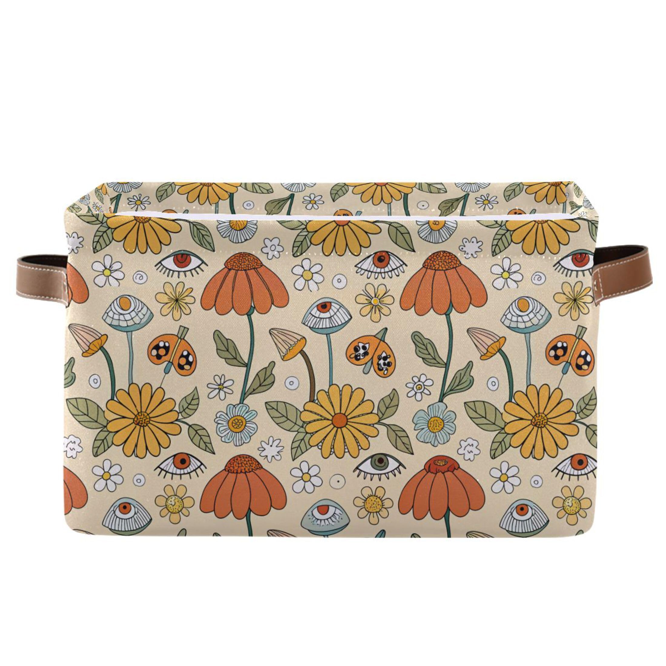 xigua Mushroom Eyes Storage Basket Collapsible Storage Bins Waterproof Canvas Storage Basket with Leather Handles for Home Closets Offices,Bedrooms,