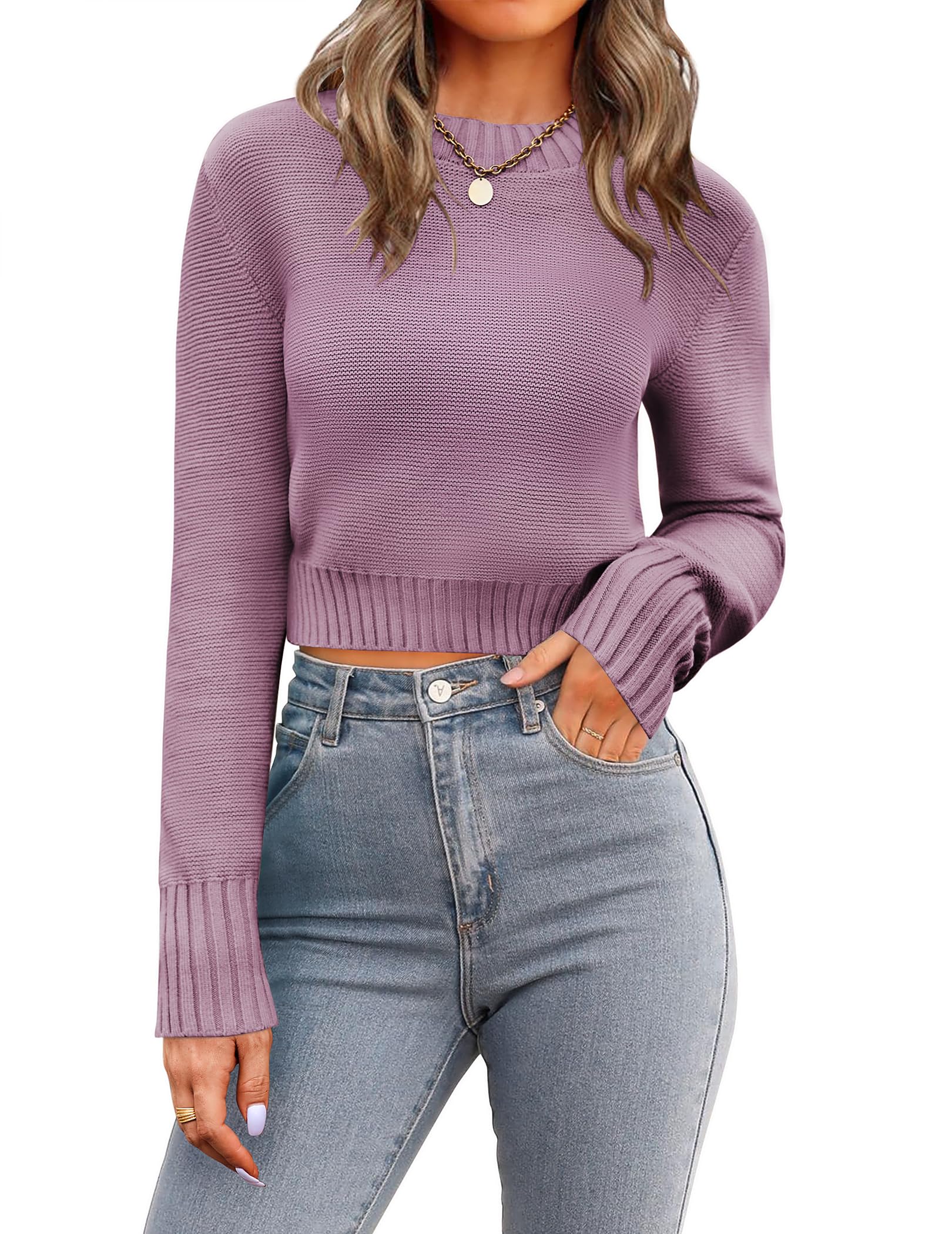 Zeagoo Women's 2026 Fall Crewneck Cropped Sweaters Long Sleeve Knit Tops | Basic Soft Cozy Ribbed Knitted Pullover,Trendy Winter Fashion Layer Cute Clothing,Going Out Business Casual Dressy Outfit