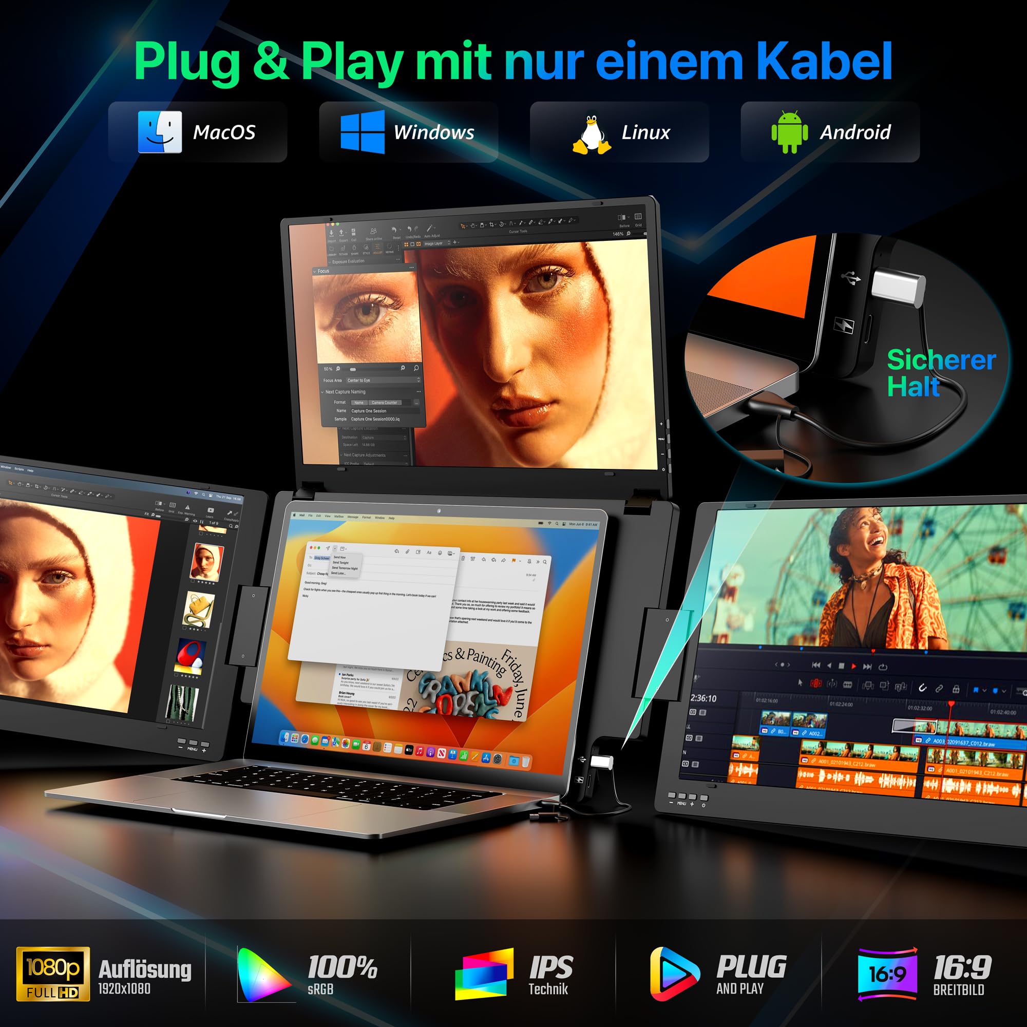 ROADOM 15,6" Triple Laptop Monitor, 1080P FHD IPS, Type-C, Metallgehäuse | 3-Bildschirm-Erweiterung, 1080P FHD IPS, Type-C & USB, 360° Drehbar, Faltbar, Metallgehäuse, Win/Mac/Android