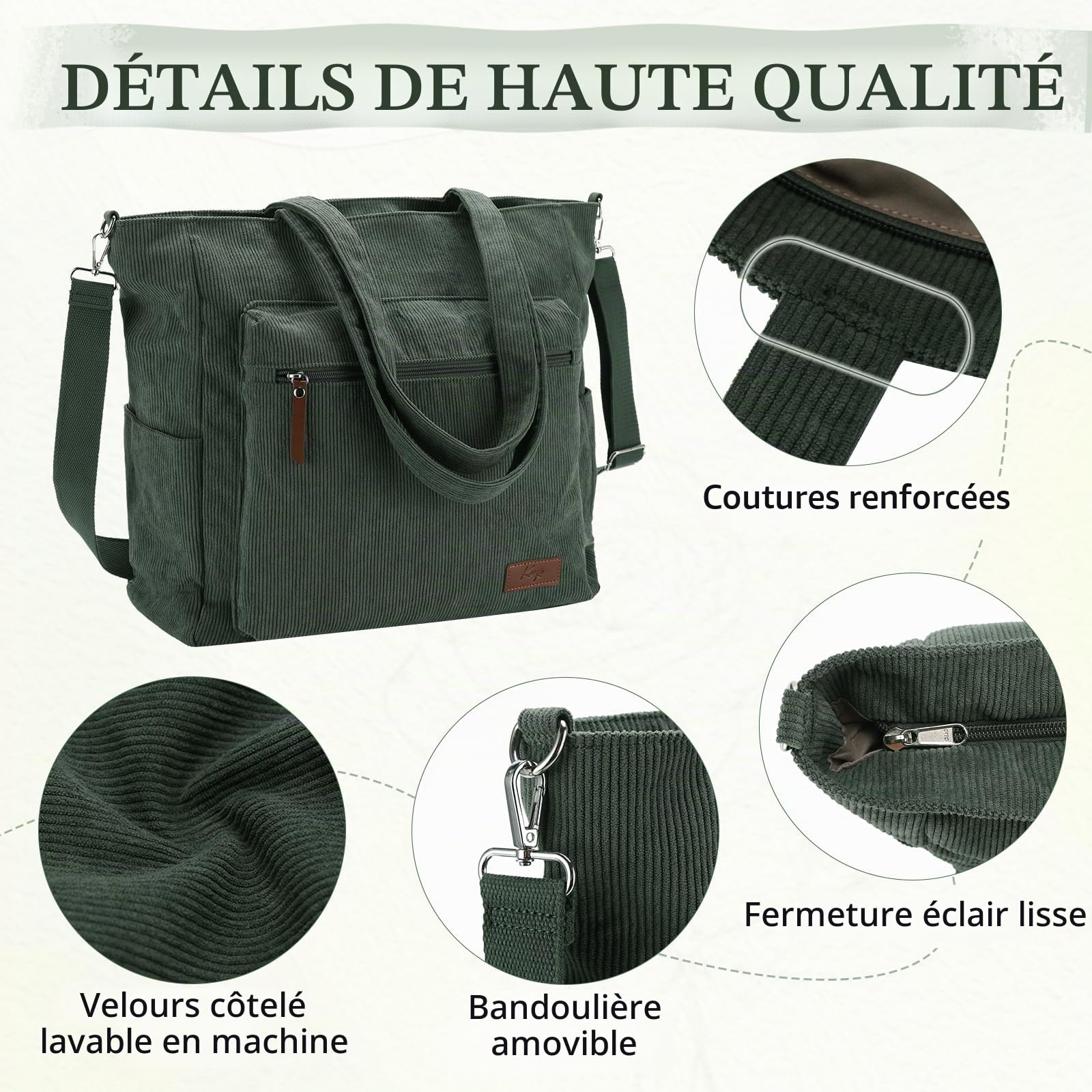 Grand Cabas Femme Velours Côtelé, Léger Sac Fourre Tout Zippé 15,6 Pouces Poches Multiples avec Bandoulière Amovible pour Travail École Voyage Gym