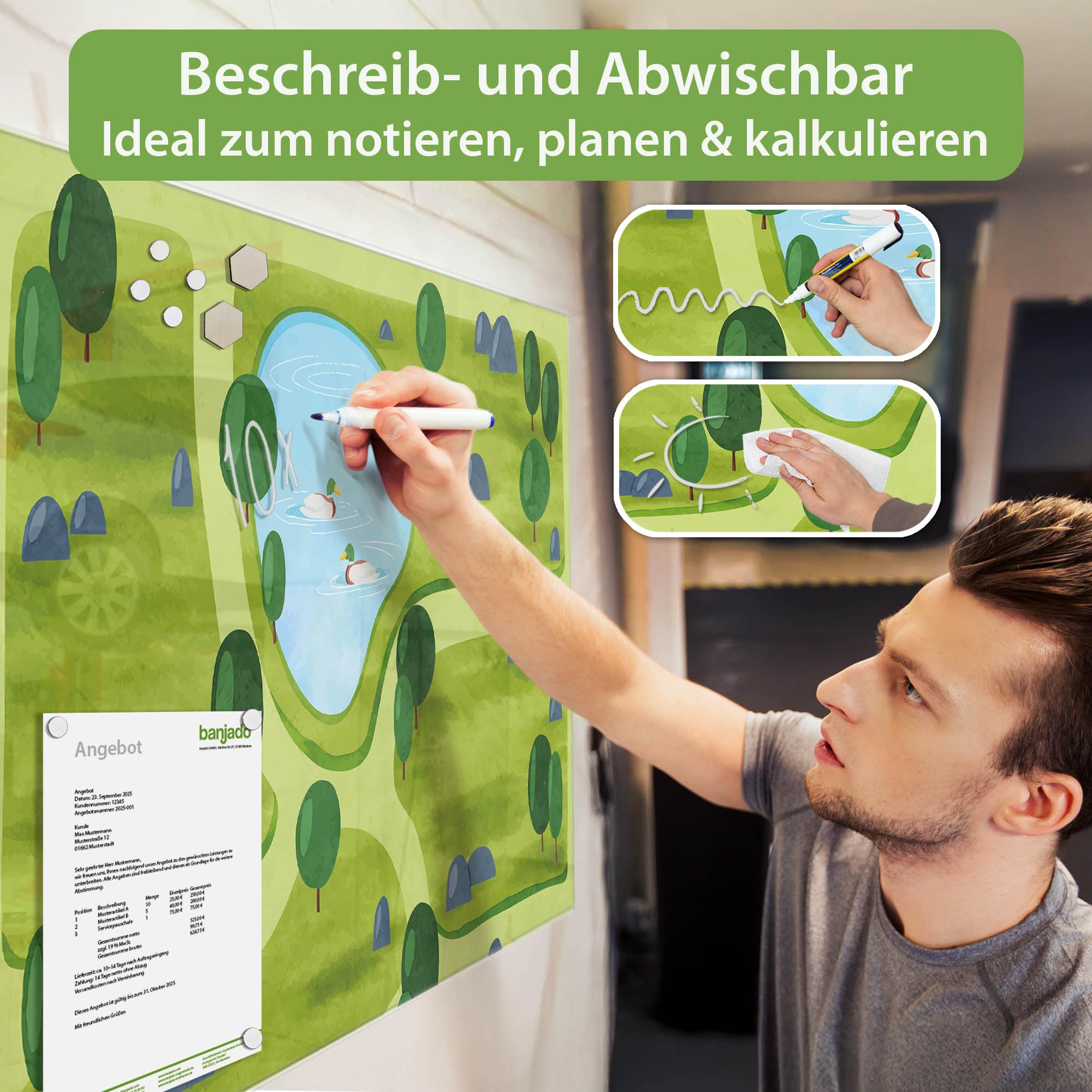 banjado Glas-Magnettafel in 120x80cm, beschreibbar mit Tiermotiv