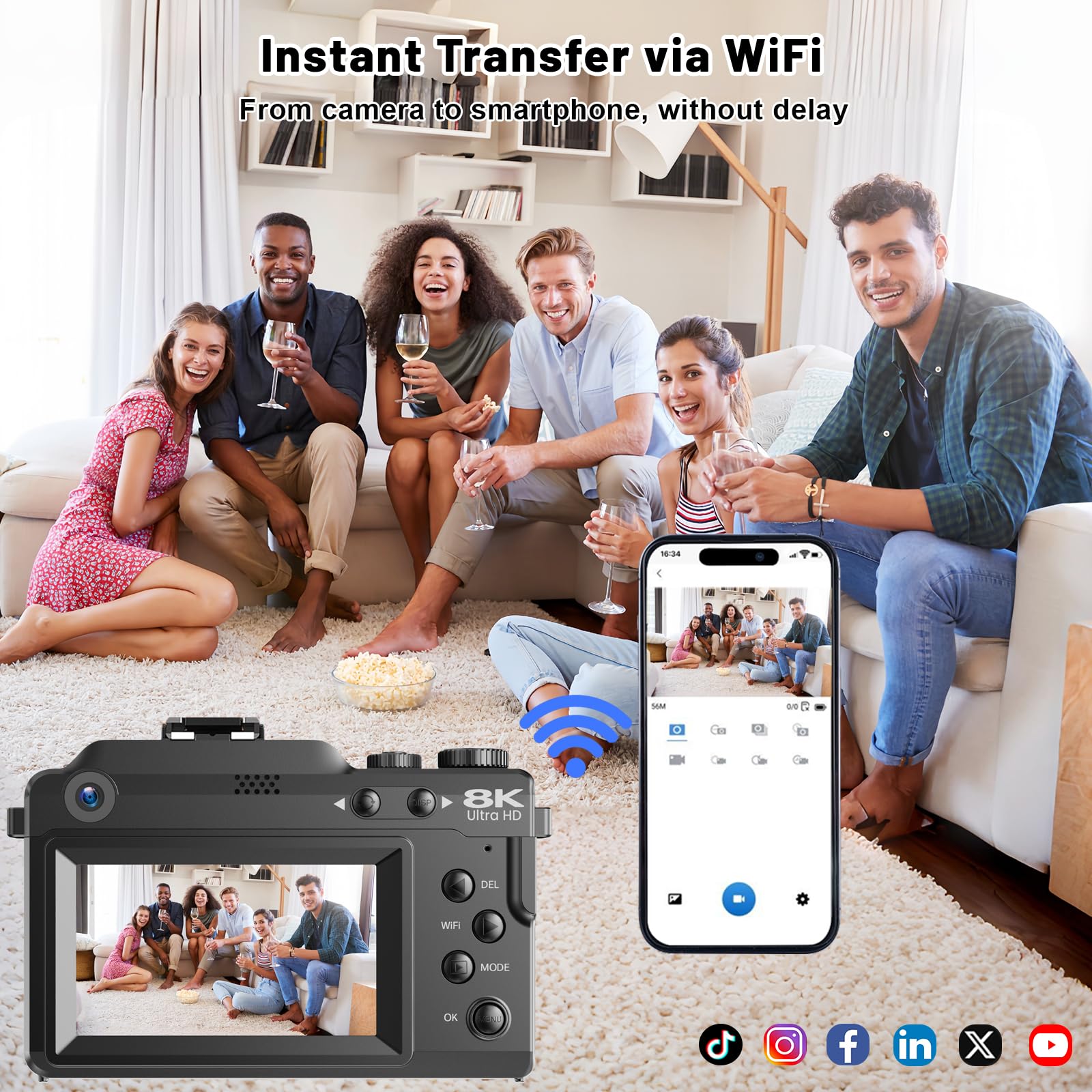 Fotocamera digitale per fotografia, zoom digitale 18X, messa a fuoco automatica, obiettivo macro, fotocamera per vlogging con WiFi 2 batterie, stazione di ricarica per scheda TF da 32 G, videocamera