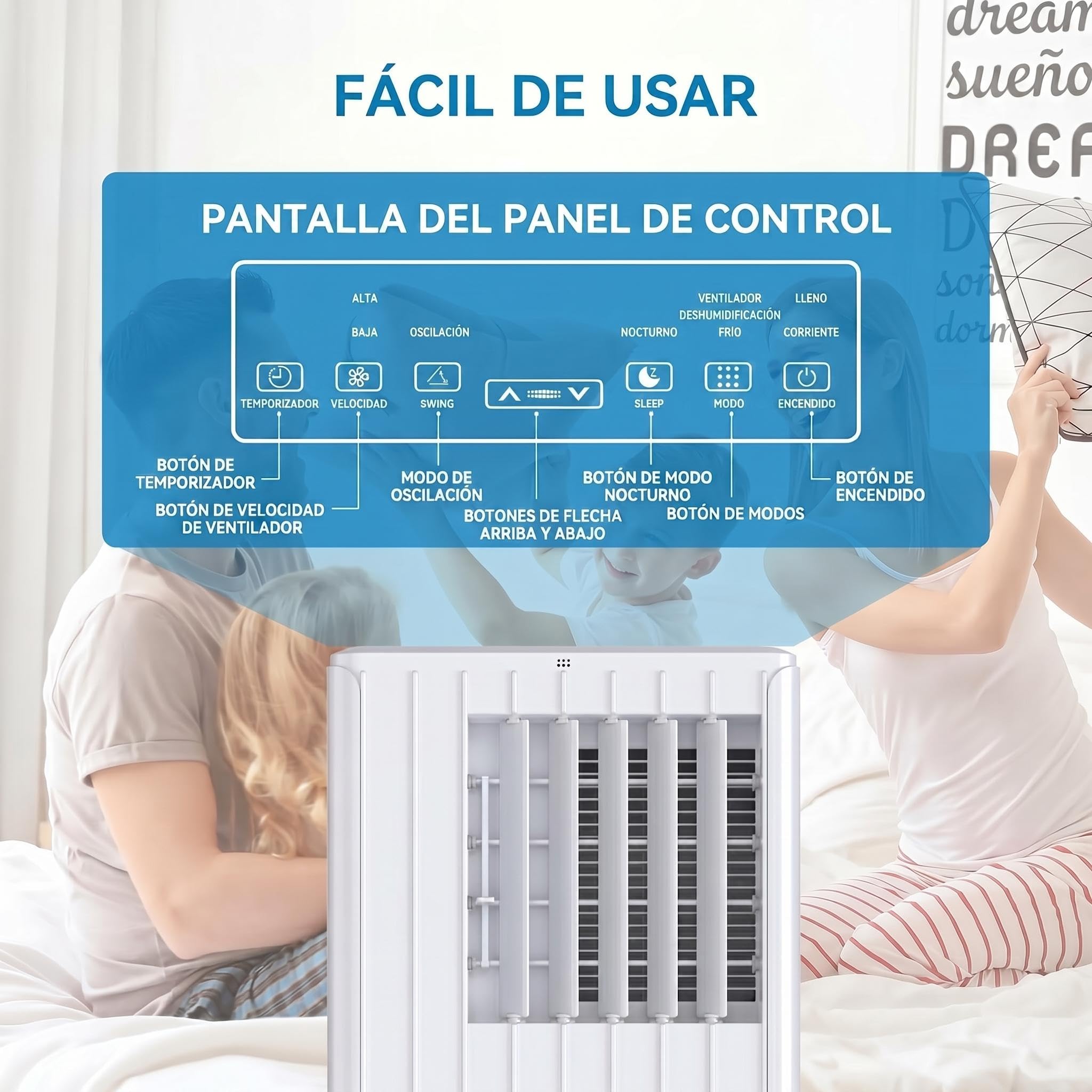Aire acondicionado portátil 9000BTU - 2.6KW/9000 frigorías - Bajo consumo energético - Pantalla LED, 4 modos, 2 velocidades de ventilador(con mando a distancia) - 25-28 m² - temporizador de 24 horas