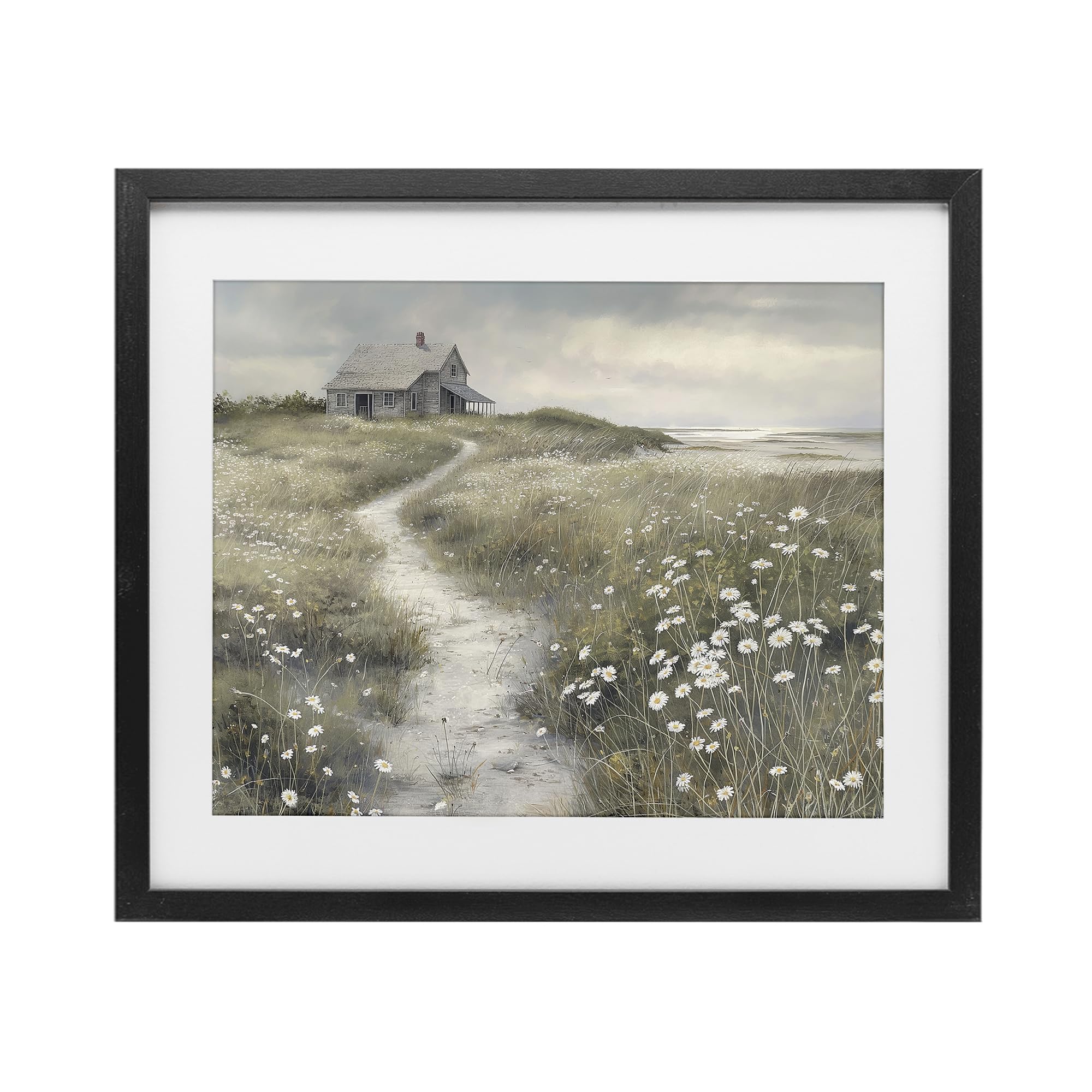 Stupell Industries Pathway To Coastal Cottage, Serene Meadow Daisies and Rustic Coastal Landscape, 17 x 21 Inch Framed Matted Print Under Glass, by Imagine It Images, Made in USA Gift