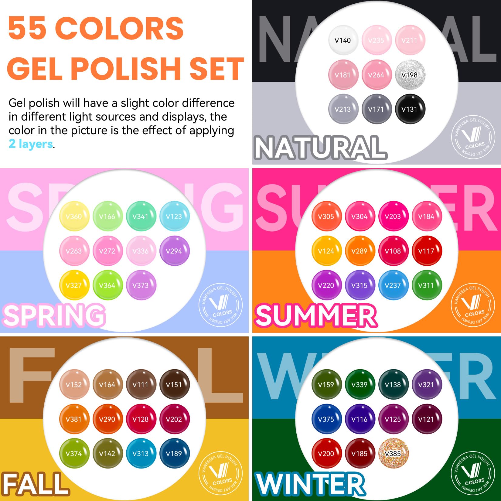 VANREESA Set mit 60 Gel-Nagellacken, 55 Farben mit Basis und 4 Glanzeffekten, komplettes Set für alle Jahreszeiten, ideal als Geschenk für Frauen und Mädchen. Verwöhnen Sie sich die Maniküre zu Hause!