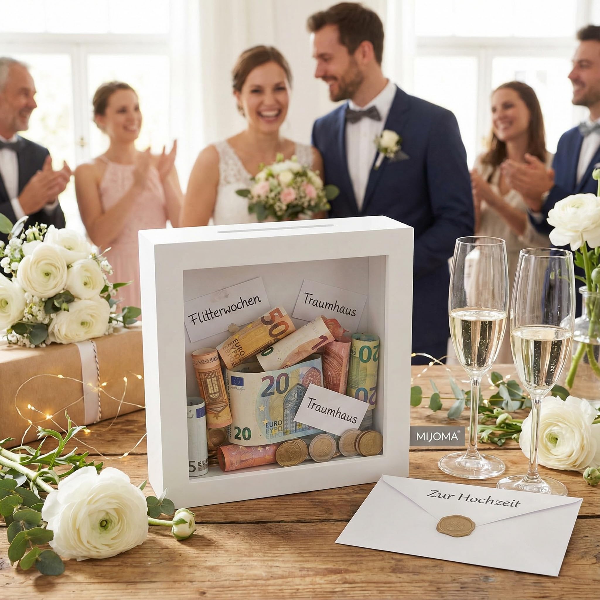 Brandsseller 2-in-1 Fotolijst Spaarpot 19 x 14,6 x 5,5 cm Opklapbaar | Dubbele Fotolijst Houtlook Wit