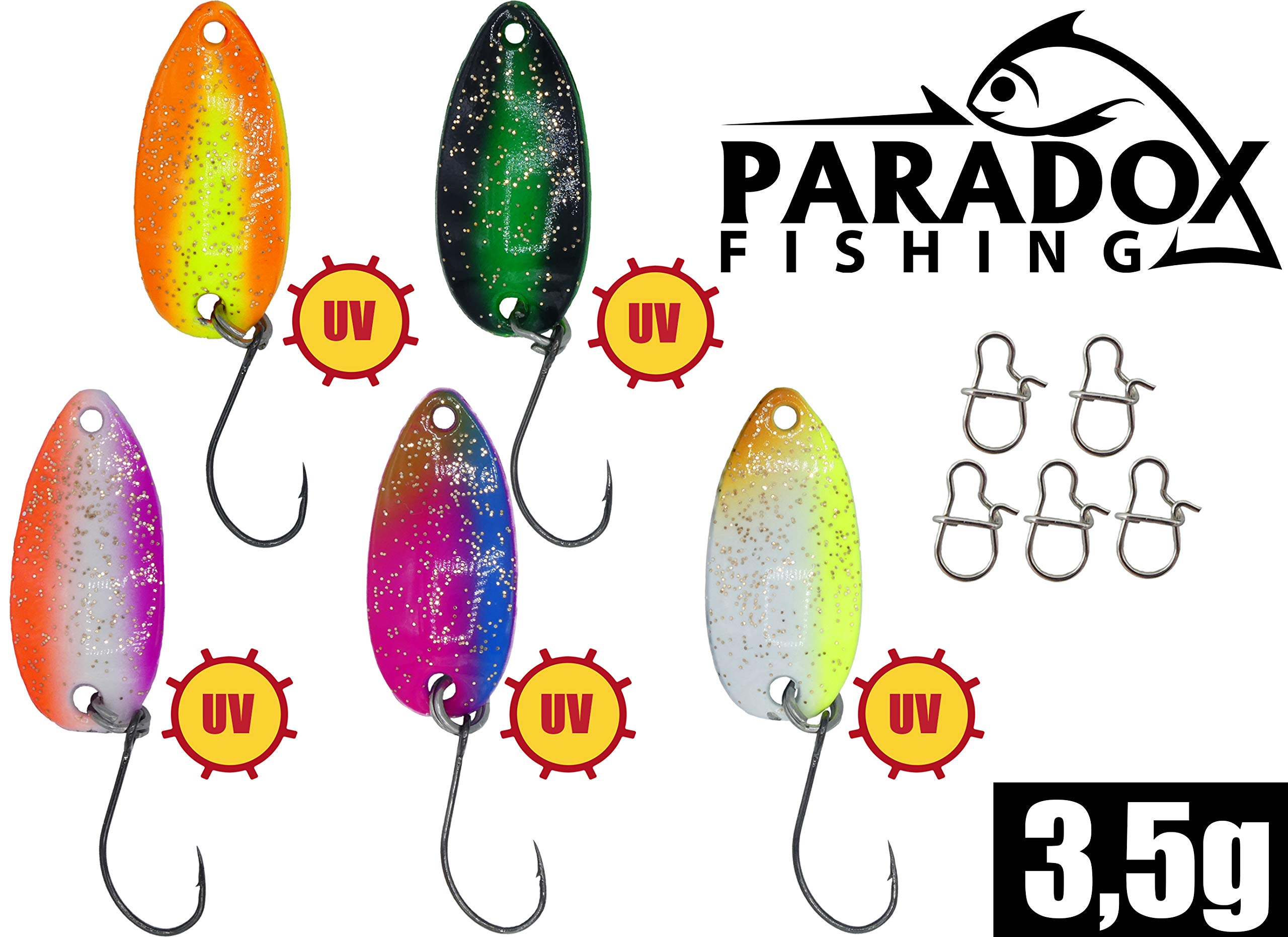 Set Esche Per Trota Paradox – 18 Spoon In Scatola Con Moschettoni, Pesi Da 1,5 A 3,5 G, Attivi UV Per Pesca In Tutte Le Condizioni