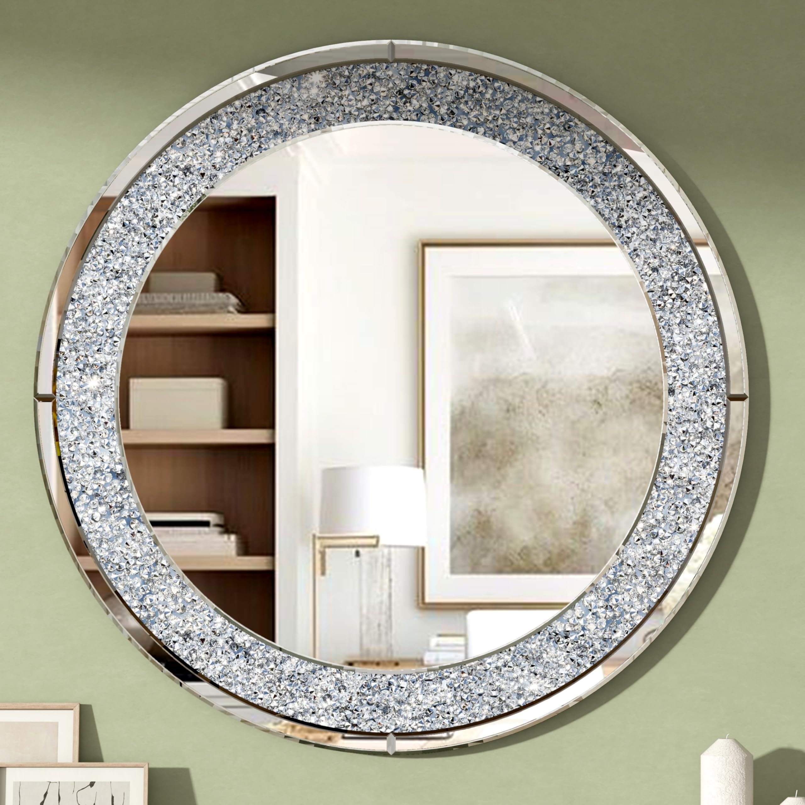 SHYFOY Gran Espejo Redondo, Ø 80 cm, Espejo de Pared Redondo con Diamantes de Cristal, para Salón, Baño, Entrada, Plata