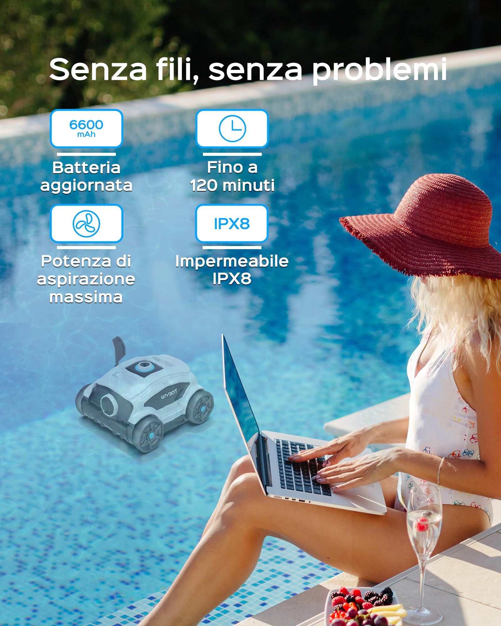 WYBOT Osprey 300II Robot Piscina Fili a Batteria, Parcheggio Automatico, Aspiratore Piscina Senza Per Piscine Fuori Terra Fino A 100 m², Doppi Motori, Ugello Regolabile, 120 Min (Bianco Nero)