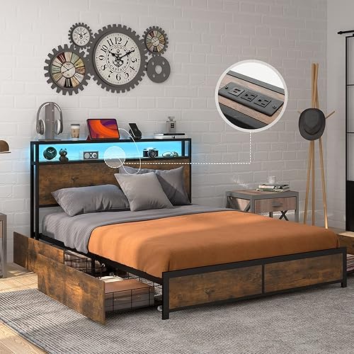 Miniatura 56 de Giantex Base de cama tamaño Queen con 4 cajones, base de cama de plataforma metálica industrial con estribo, agujeros reservados para cabecera, base