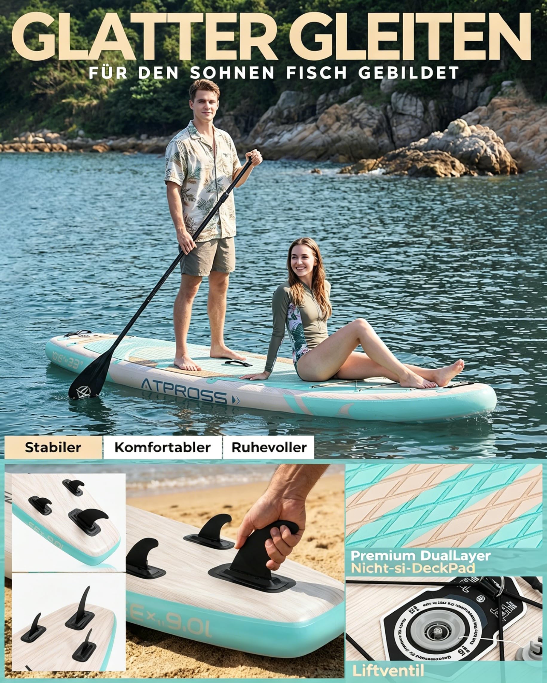 Stand Up Paddling Board, 320cm Stand Up Paddle mit Reichhaltigem Zubehör, SUP Board 200kg Tragkraft mit Eva-Rutschfestem Deck, Aufblasbare Paddleboard Geeignet für Erwachsene