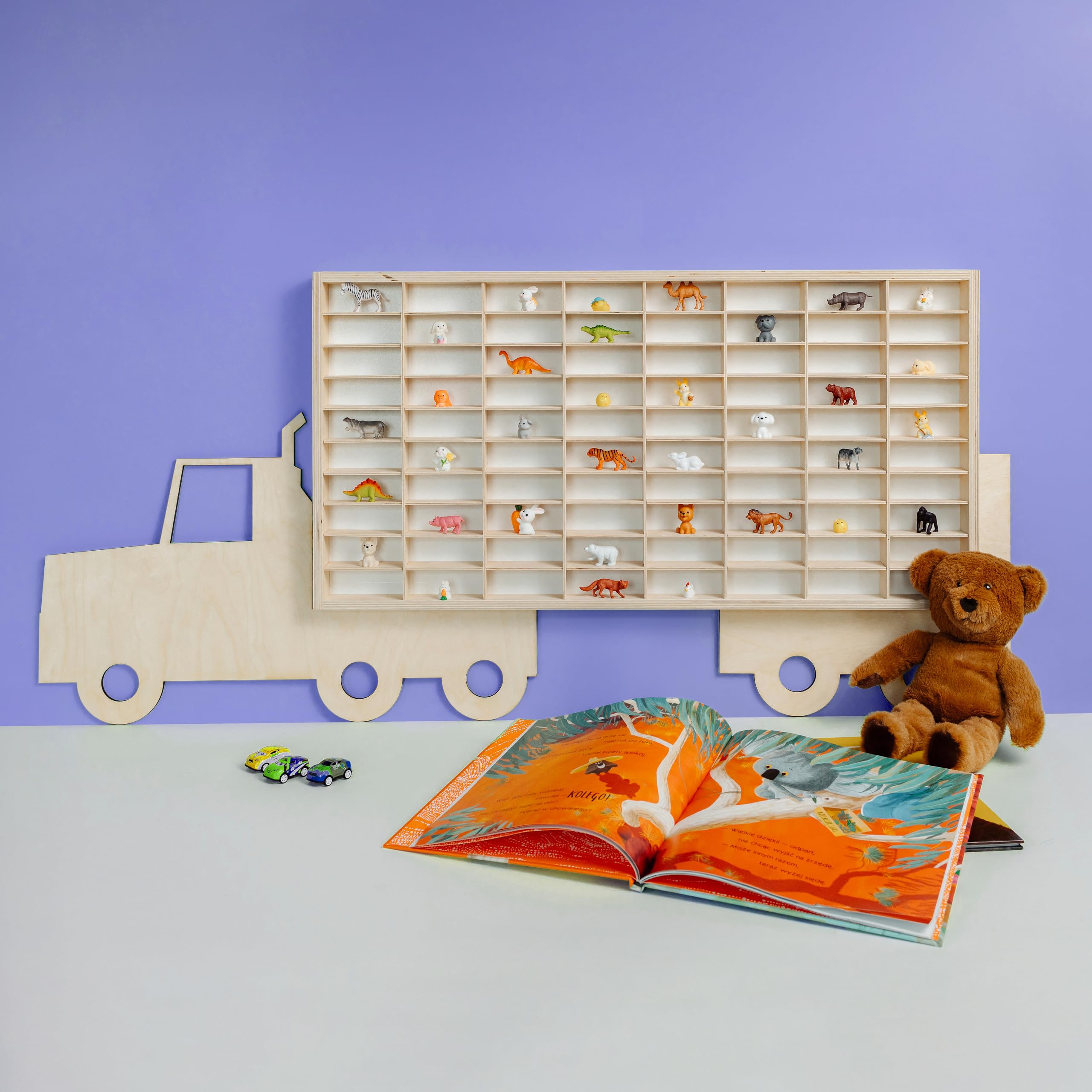 Creative Deco Étagère de Collection en Bois pour Petites Voitures – 80 Compartiments Réglables | Étagère Murale Verticale pour Figurines | Vitrine de Collection en Forme de Camion 116 x 54 x 5 cm