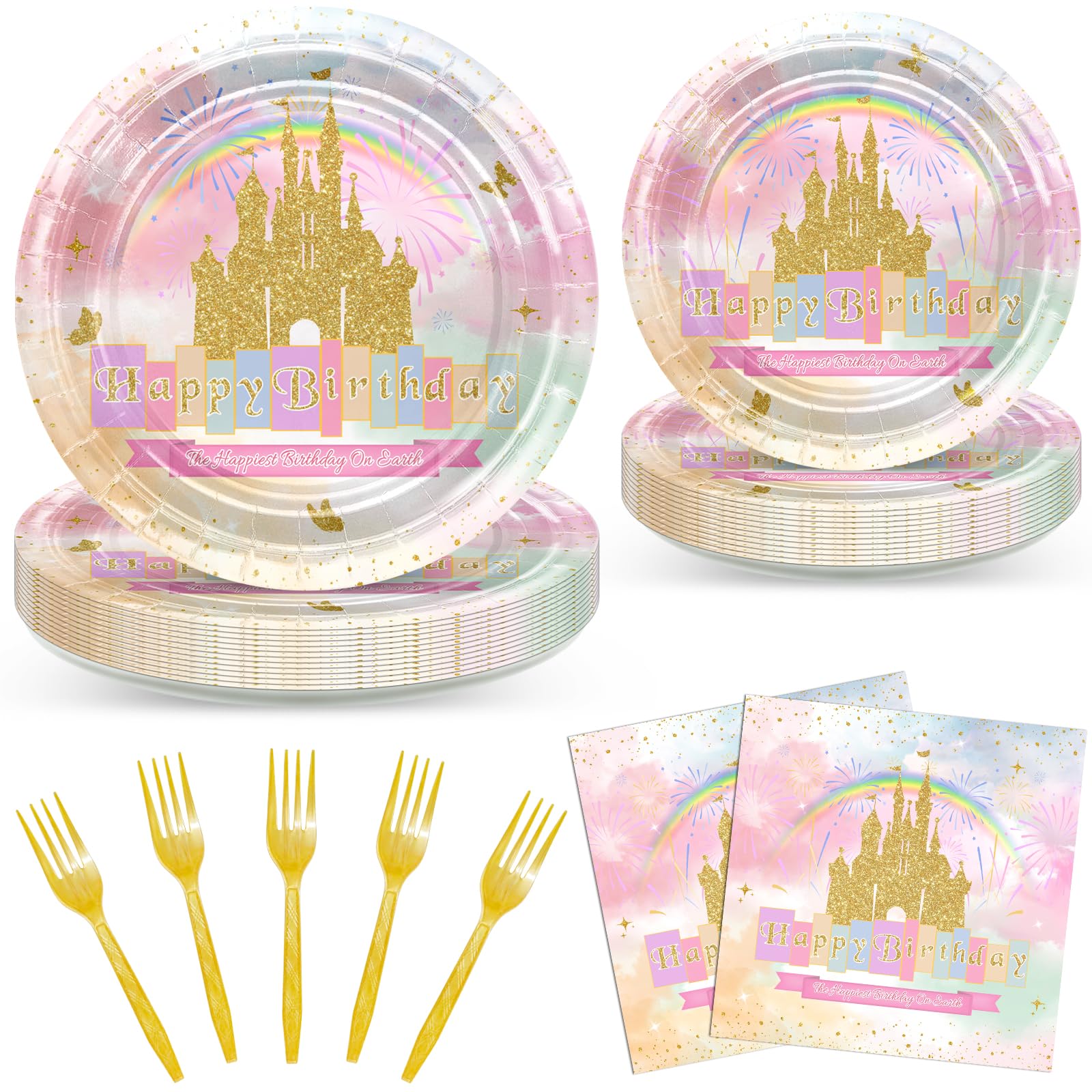 Avezano 96 PCS Princess Birthday Party Decorations Rainbow Gold Castle Plates Napkins Tableware Set for Girls Birthday Party Supplies, Serves 24