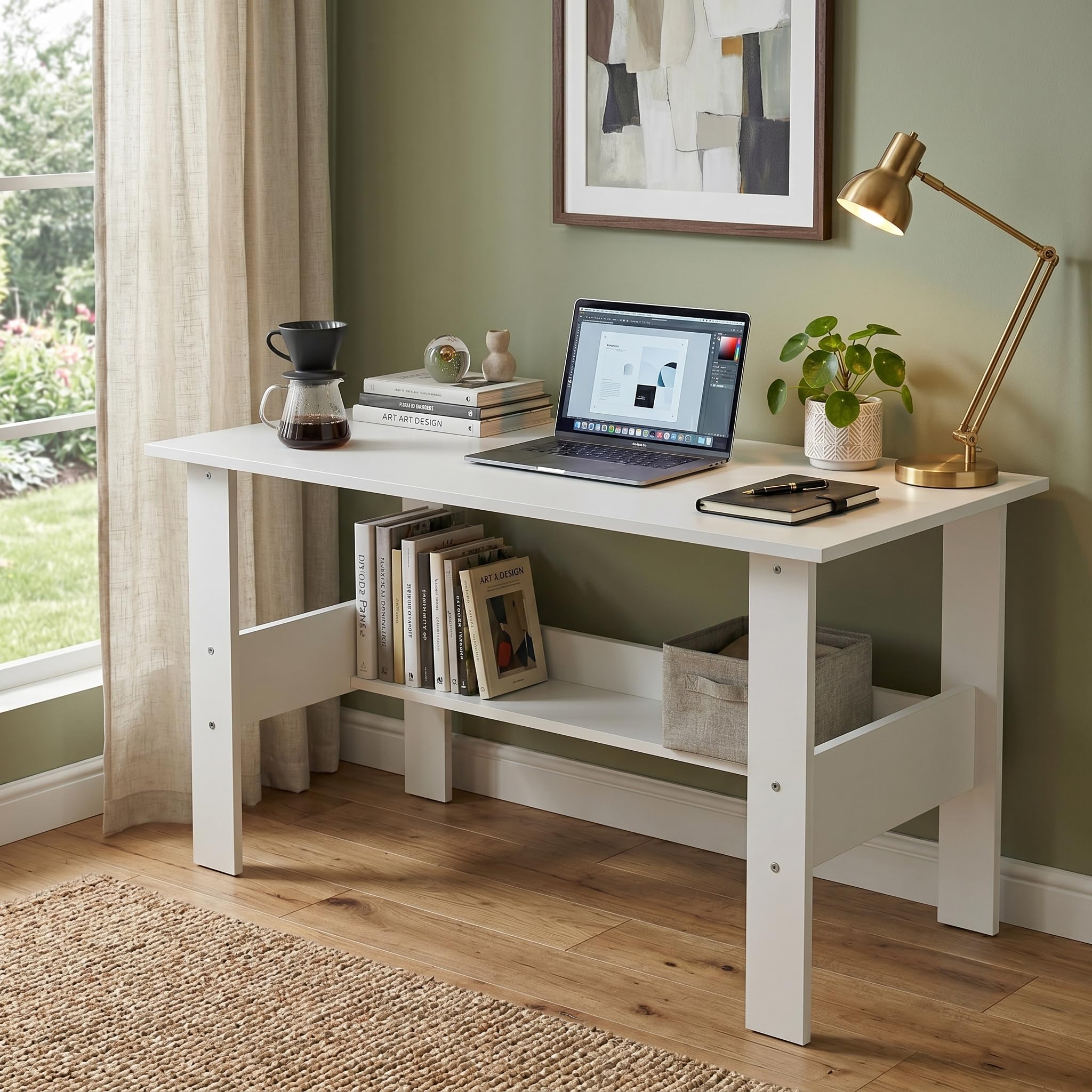 Linea Study Desk with Lower Storage Shelf, Compact Writing Table & Laptop Station for Home Office and Students, 90x50x75cm (Frosty White)-image-25