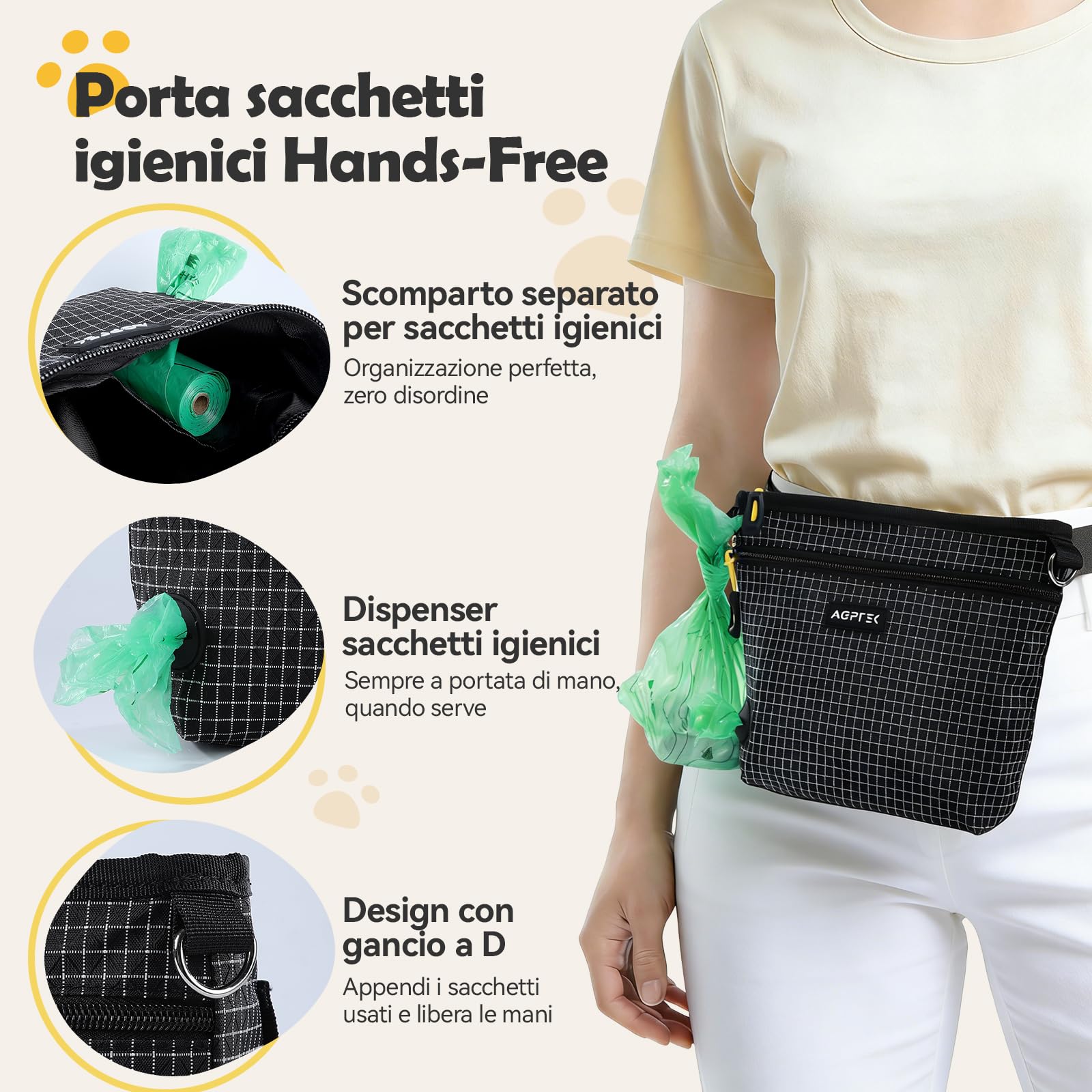 AGPTEK Borsa Porta Snack per Cani con Dispenser Sacchetti, Marsupio Addestramento Cane a Mani Libere, Borsa Training Cane con Clip per Cintura, Nero
