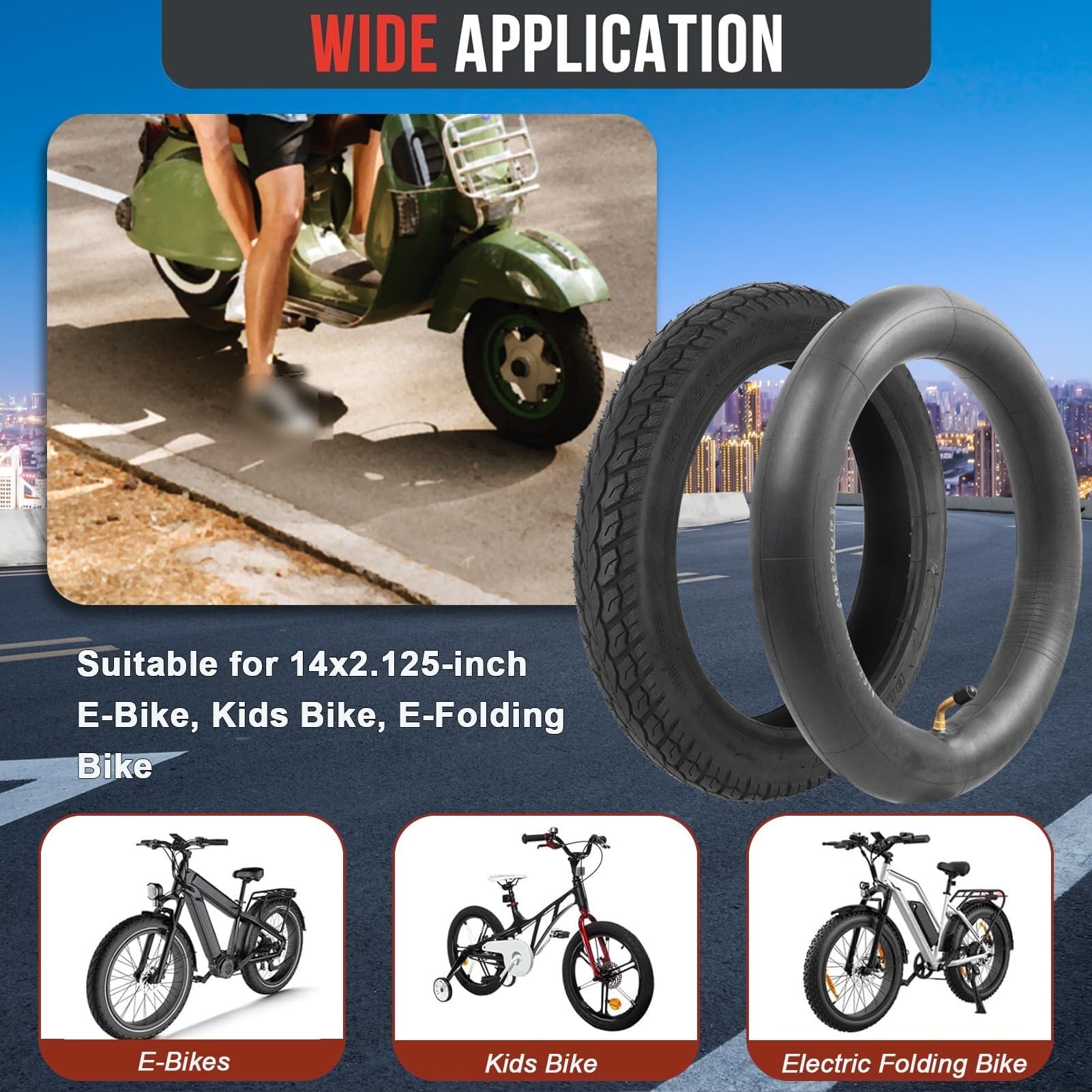 2PC 14x2.125 Komplet Opony i Dętki E-Bike 14-2.125 ze Złączem Kątowym dla Felg 14 Cali z 14 2 125 57-254 Guma Butylowa Hulajnoga Dziecięca(2 PACK)