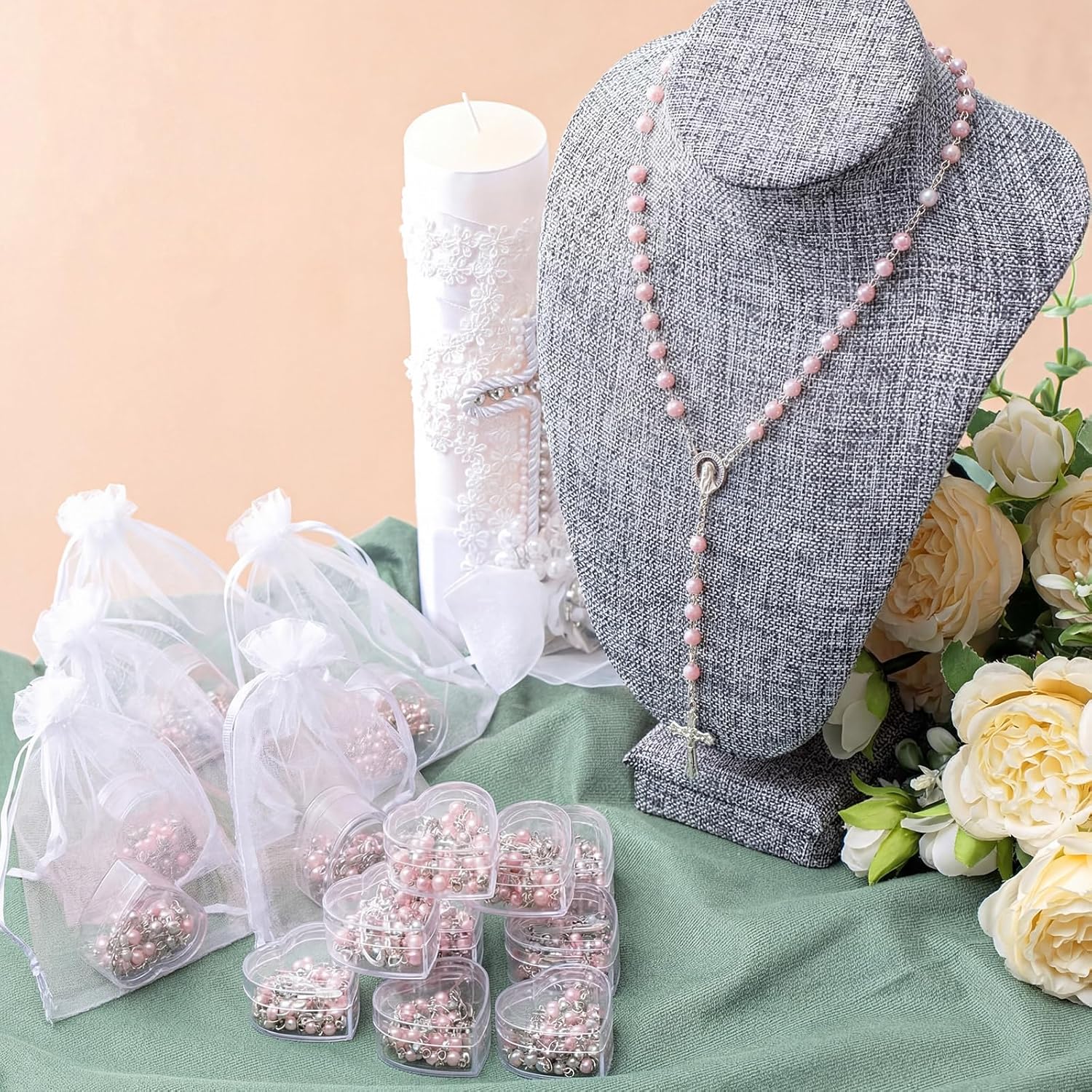 ROCEEI Catholic Rosary Necklace 4 mm Glass Beads Rosary Favors Crucifix Prayer with Faux Pearl with Heart Shaped Box and Organza Bag for First Communion Baptism