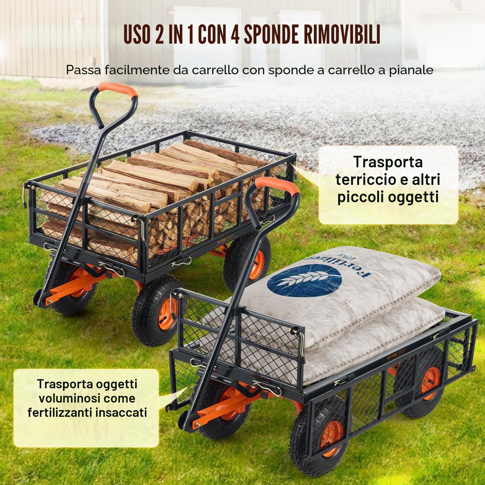 VEVOR Carrello Ribaltabile in Metallo, Carrello Ribaltabile Giardino Telaio Facile Montare, Carriola Utilitaria, Pneumatici 254 mm Carro Ribaltabile Maniglia Convertibile 2 in 1, Capacità 399,1 kg