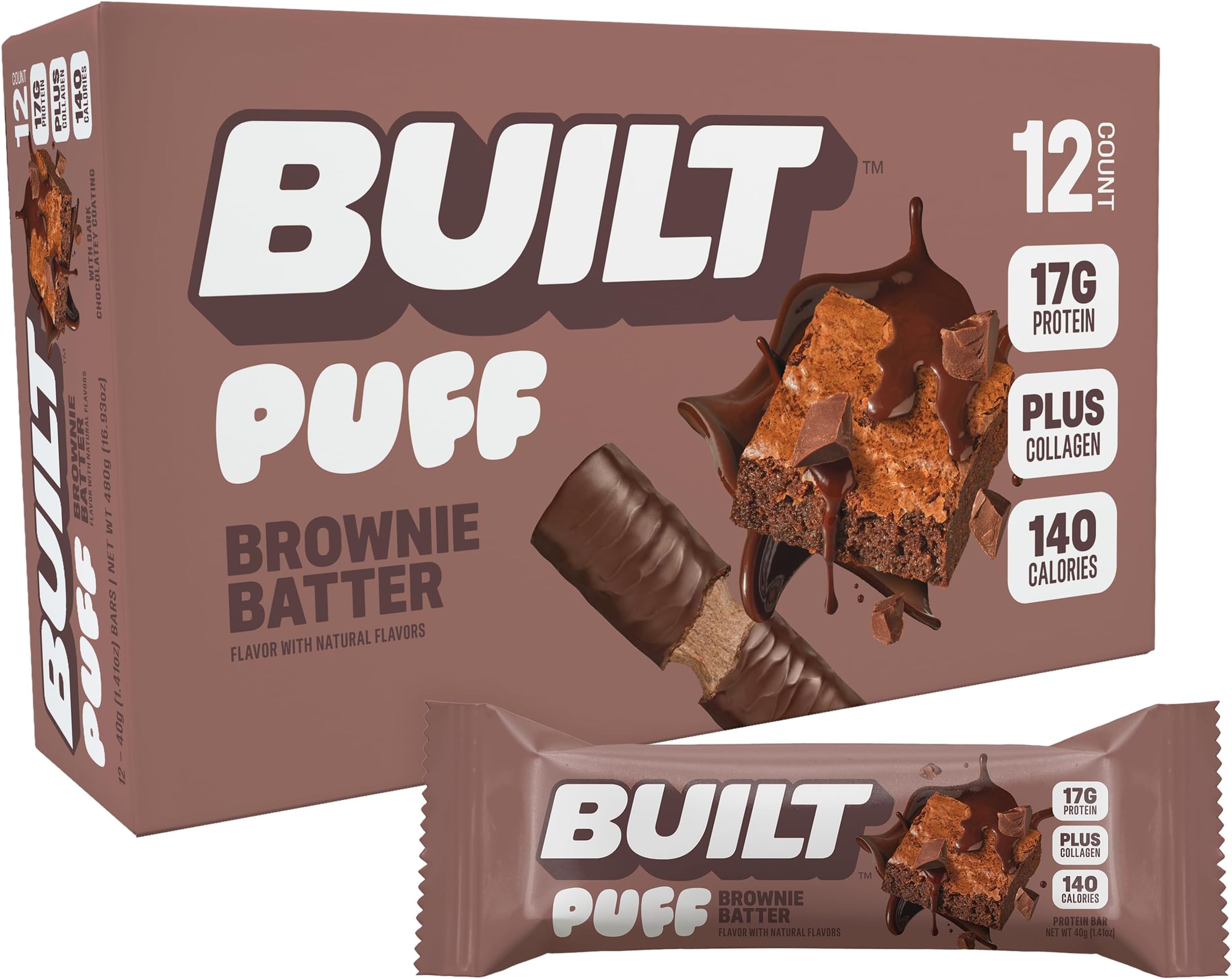 Puff Protein Bars, Brownie Batter Puff, 17g Protein Snacks, On-The-Go Bars, Only 140 Calories, 6g Sugar, Collagen, Gluten Free, 12 Count