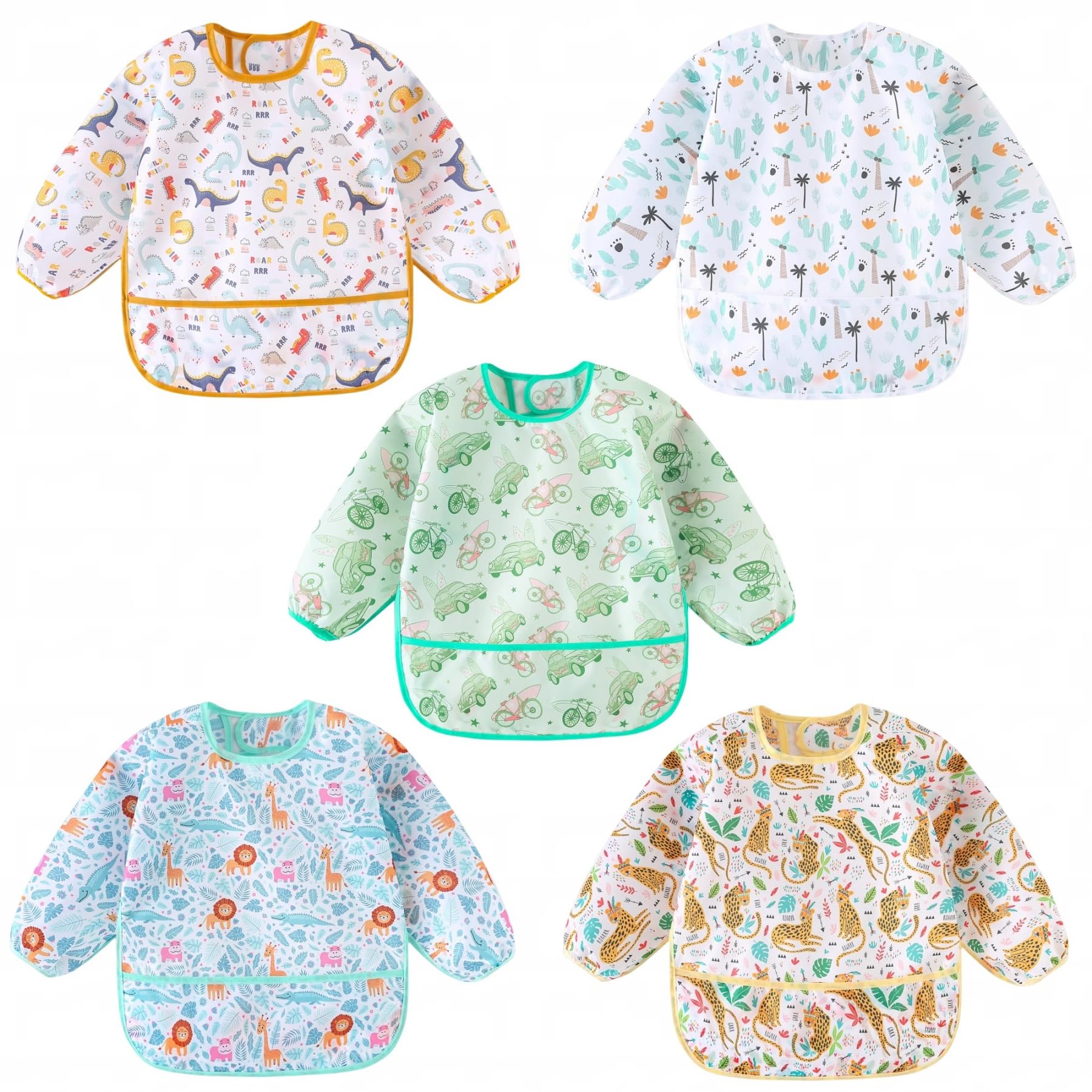 HaimoBurg Long Sleeved Bibs, Pack of 5,Lightweight Waterproof Shirt Bibs for Baby Toddler 6-30 Months