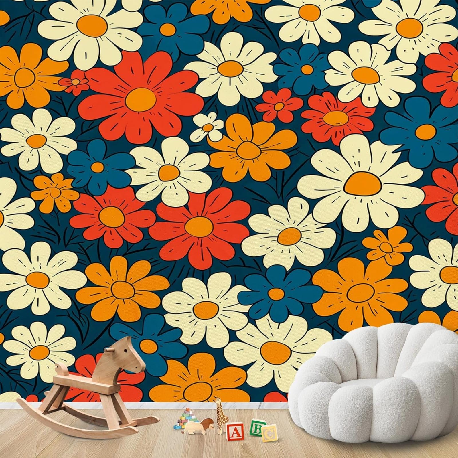 kfjhgbdshhj Photo Wallpaper Retro Flowers 70s Non-Woven Modern Living Room Bedroom Children's Room Wall Decoration Motif Wallpaper,430cmx300cm Stickers - Frameless Painting - Poster