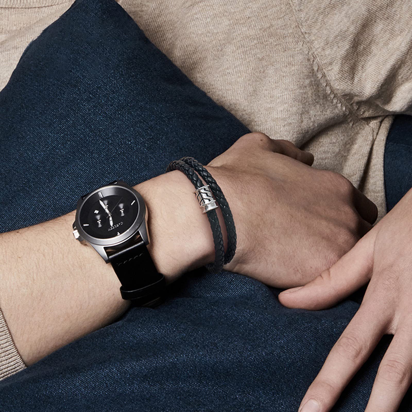 LYGXWJFC Herren-Armband aus echtem Leder, geflochtenes Seil – 925er-Sterlingsilber, klassischer handgefertigter geflochtener schwarzer Armreif, Biker-Punk-Bänder, polierter Schutzschmuck
