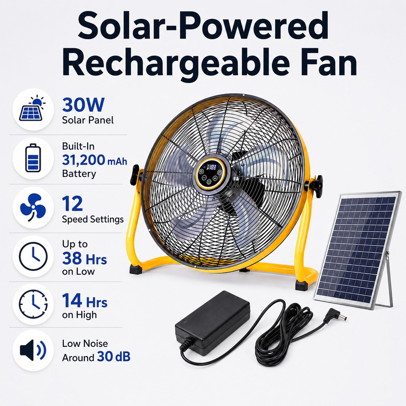 Ventilatore Solare in Metallo con Batteria, Pannello 30W e 12 Velocità | Ricarica Solare 30W & AC, Silenzioso 30dB, Autonomia 38h, Inclinazione Regolabile & USB per Interno ed Esterno