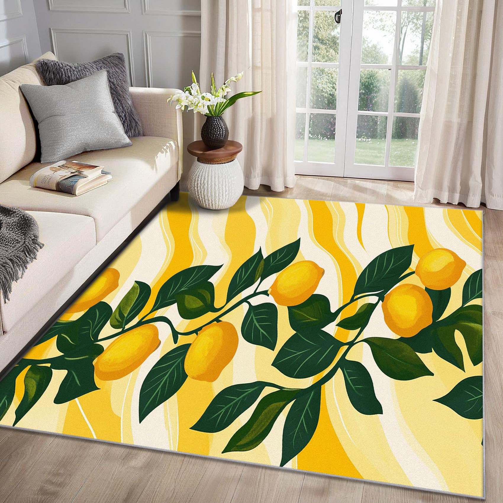 MMYAOKEN Lemon Rug for Bedroom - Green Leaves Rug 100cm x 150cm, Citrus Summer Fruit Patterned Area Rugs for Living Room Bedroom, Machine Washable Non Slip Soft Carpet, Lemon Home Decor & Gifts