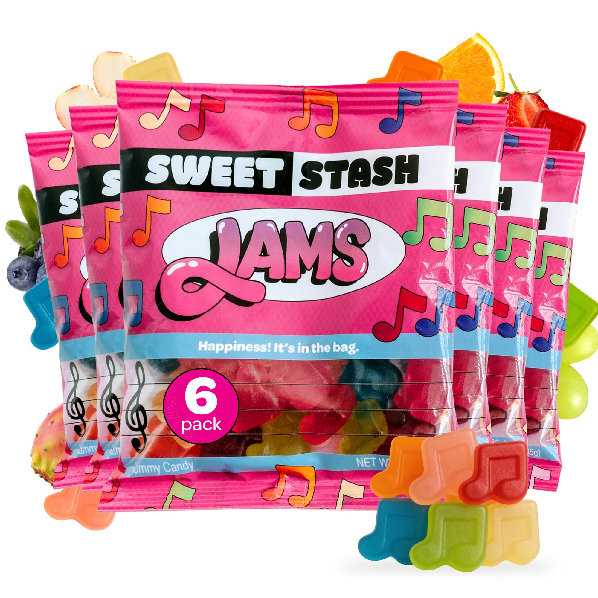 Sweet Stash Jams 6 Pack Fruit Gummies  6 Flavor Mix Gluten Free Gummies Made with Natural Ingredients  Music Inspired Gummy Snacks, No Synthetic Dye, 90 Calories per Serving 3oz (Pack of 6)