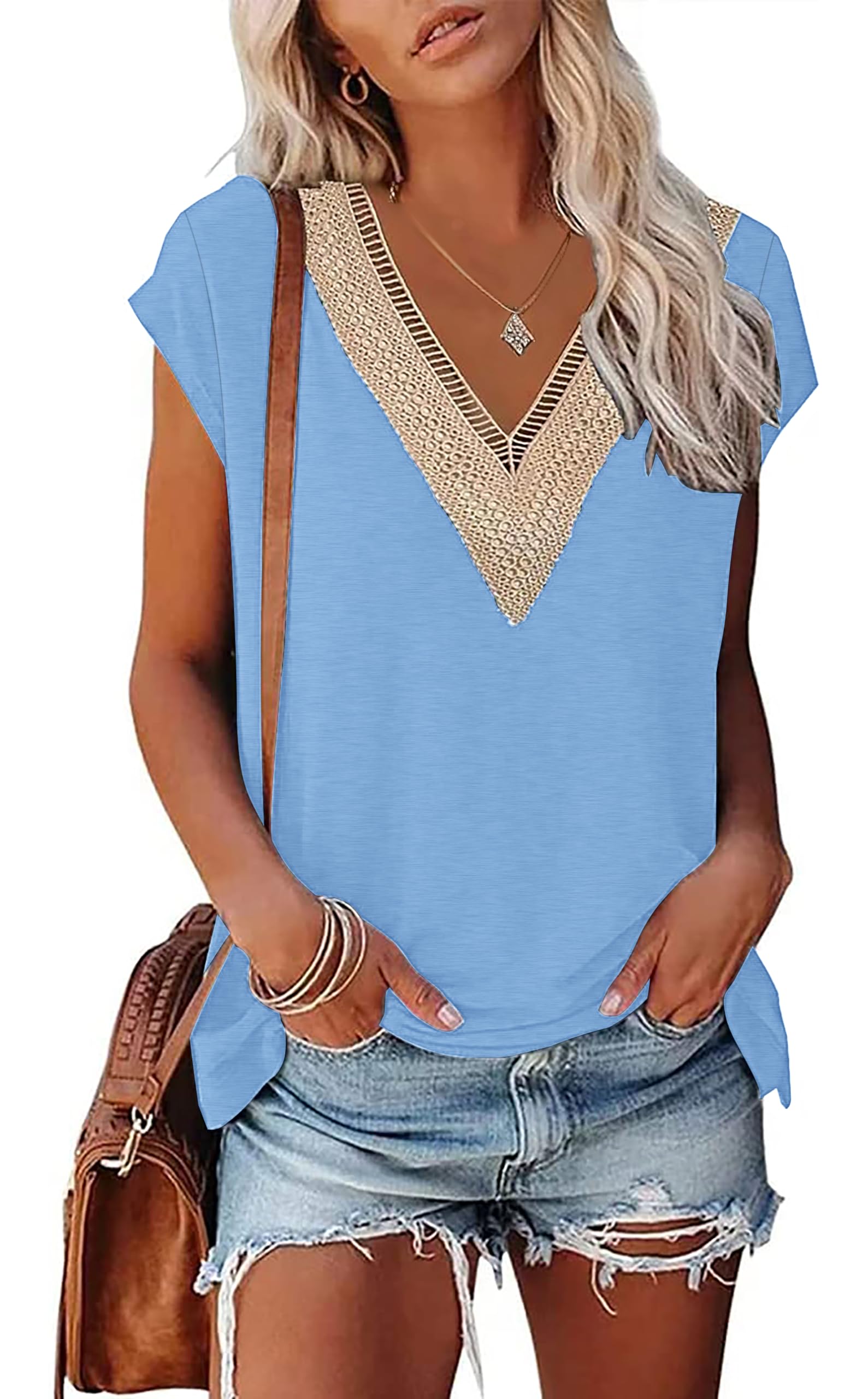 PLOKNRD Sommer Damen T-Shirt Freizeit Top mit V-Ausschnitt Kurzen Ärmeln Spitze Strand Oberteile