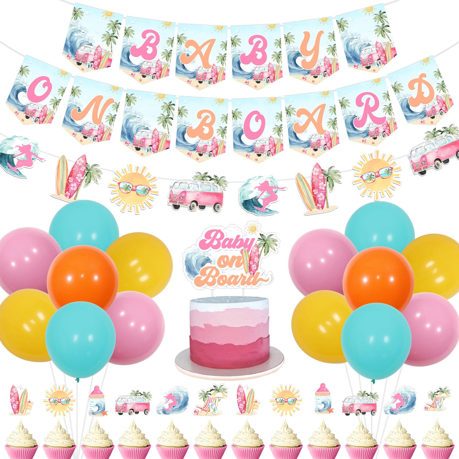 Baby On Board Surf Theme Baby Shower Decorations – Banner, Garland, Cake Topper & Balloons Set - View #9