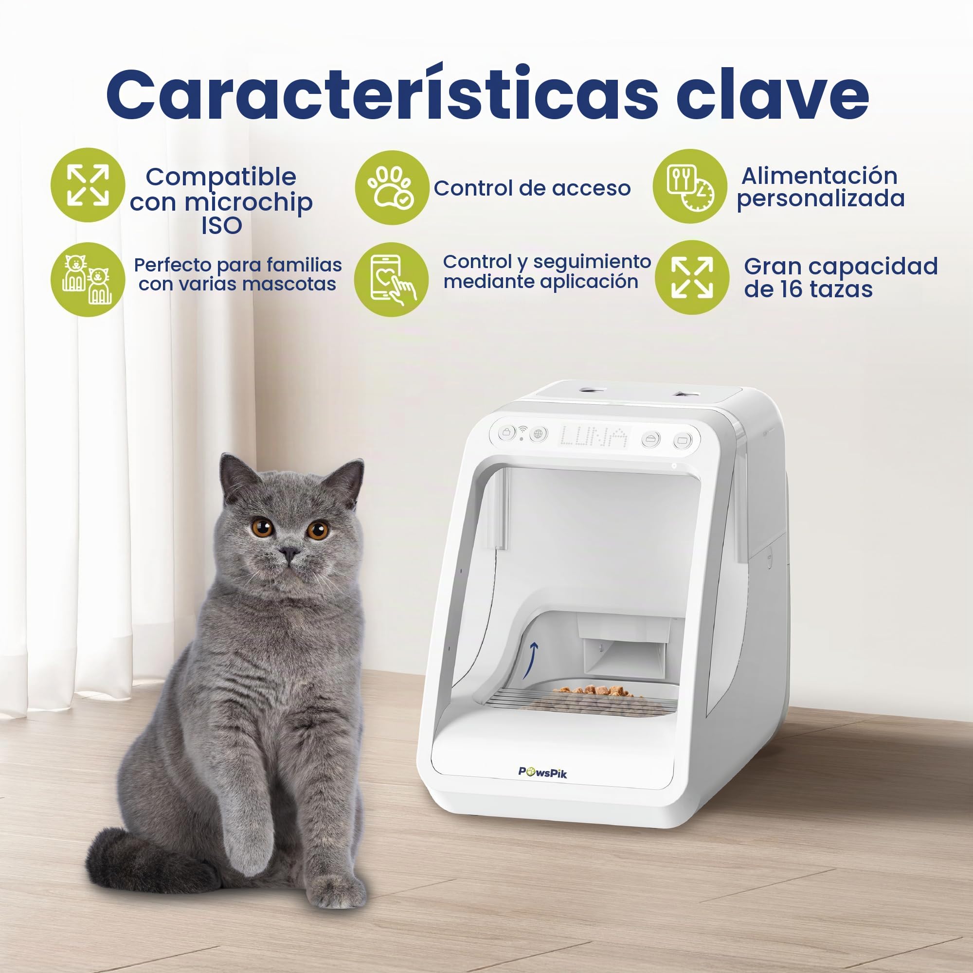 PawsPik - Alimentador automático de Microchip RFID para Mascotas, para Gatos y Perros pequeños, 16 Tazas, Compatible con Microchip ISO, Control de aplicación, Control de porciones, Adecuado para