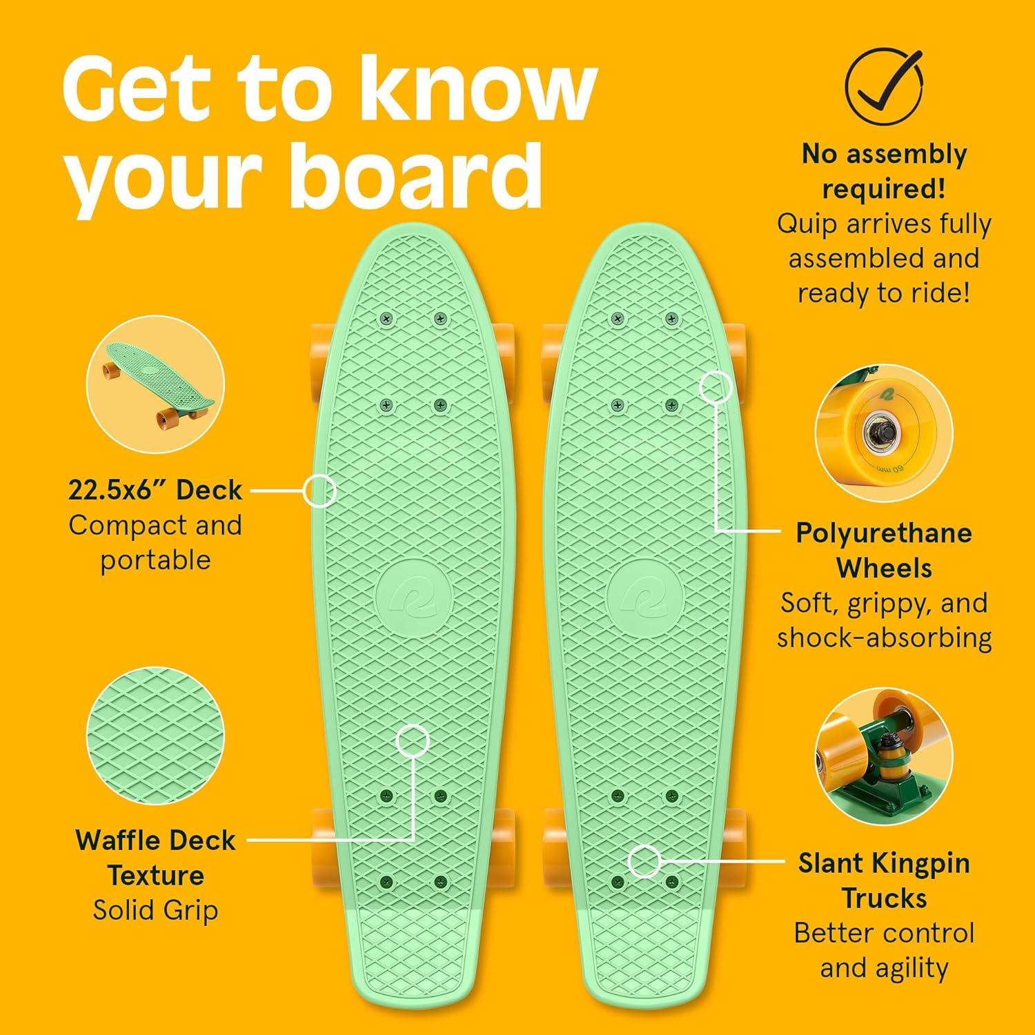 Retrospec Quip Mini Cruiser Skateboard 22.5" Classic Retro Plastic Cruiser Complete Skateboard with ABEC 7 Bearings and PU Wheels Compact Board w/Grippy, Molded Waffle Deck