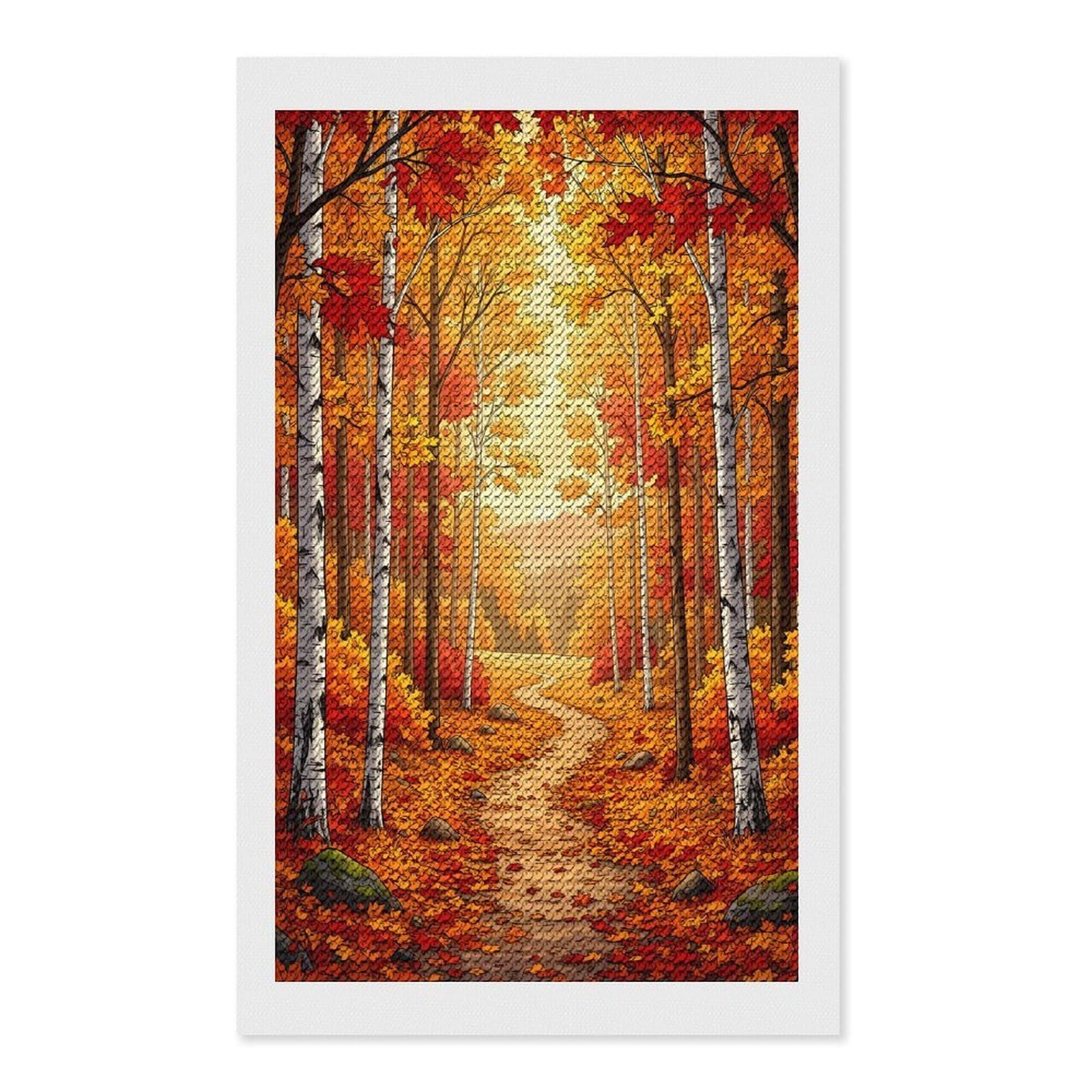 Junmoney Autumn Forest Path Full Drill Diamond Painting Kit 12"x20", Sparkling Round Gems, Decorate Your Room, Mindful Craft Activity