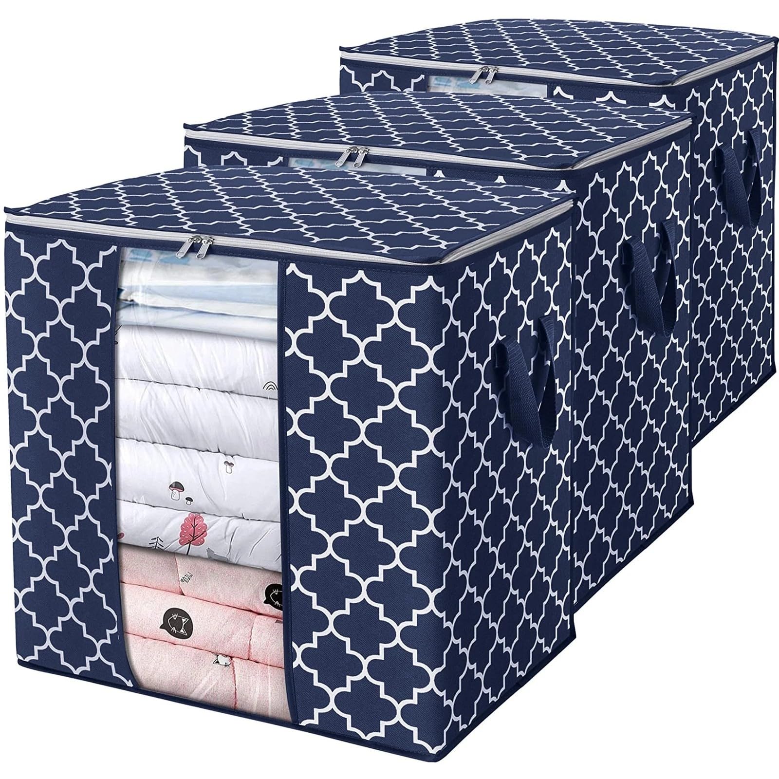 Non-woven Printed Storage Bags [3 Pack/100L] Large Blanket Clothes Organization and Storage Containers for Comforters, Bedding, Foldable Organizer, Blue, Non-Woven Fabric-image-15