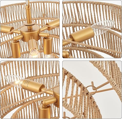 Miniatura 8 de Lámpara colgante de ratán tejida a mano, 6 luces, 4 redondas, de transición, minimalista, bohemio, grande, para cocina, isla, comedor, sala de