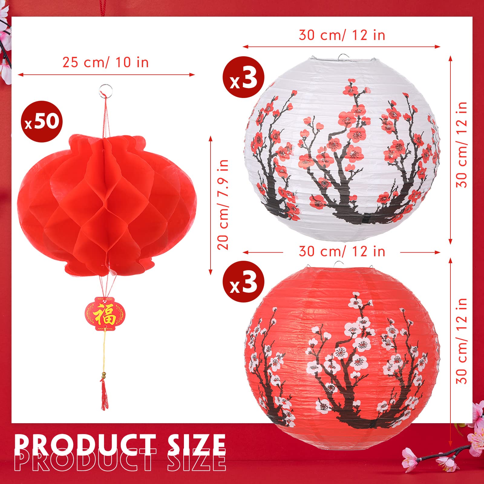 56 Pcs Japanese Party Decorations Chinese Paper Lanterns Cherry Blossom 50 Pcs 10 Inch Chinese Red Paper Lanterns 6 Pcs 12 Inch Japanese Cherry Blossom for New Year Spring Festival Wedding